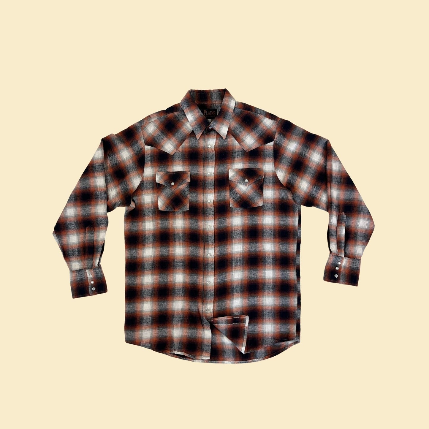 80s Plains Western LT men's shirt, vintage 1980s men's plaid orange/black snap clasp top