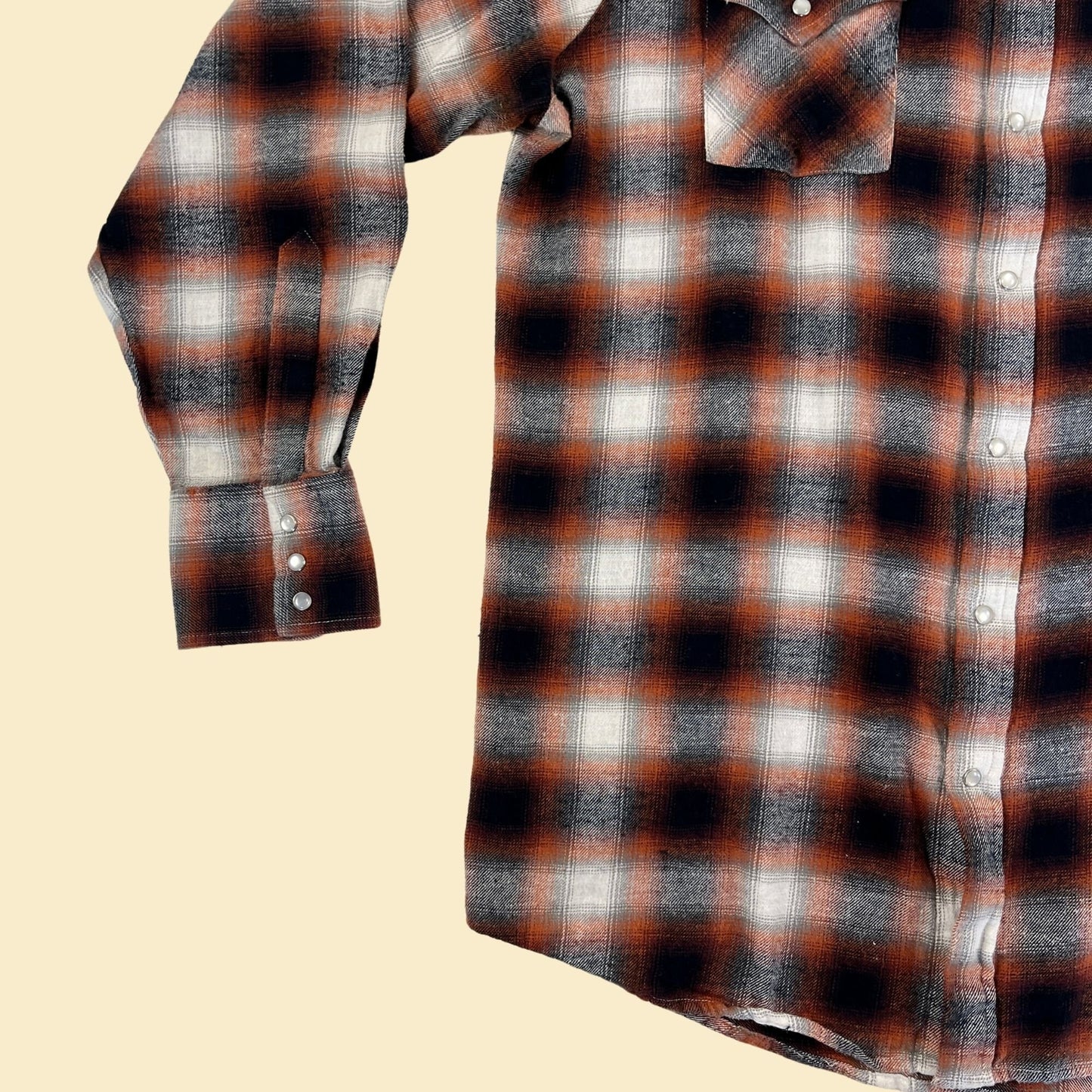 80s Plains Western LT men's shirt, vintage 1980s men's plaid orange/black snap clasp top