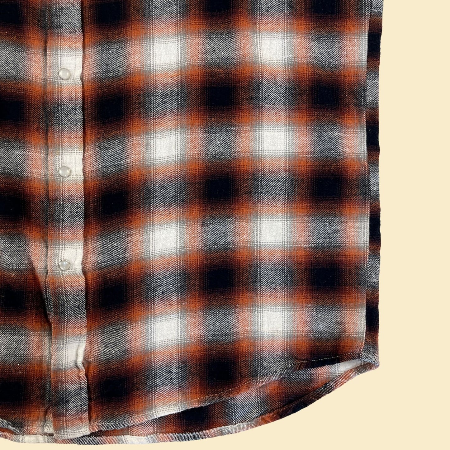 80s Plains Western LT men's shirt, vintage 1980s men's plaid orange/black snap clasp top