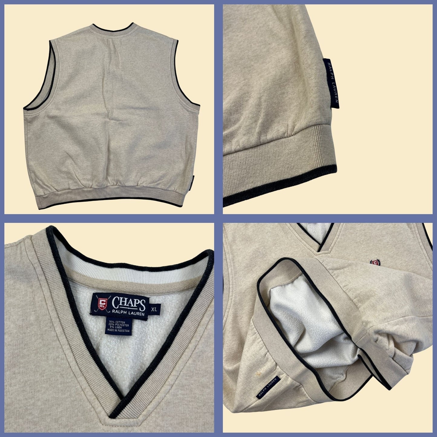 90s XL Chaps Ralph Lauren golf vest, vintage 1990s men's beige/blue v-neck pullover sweater vest