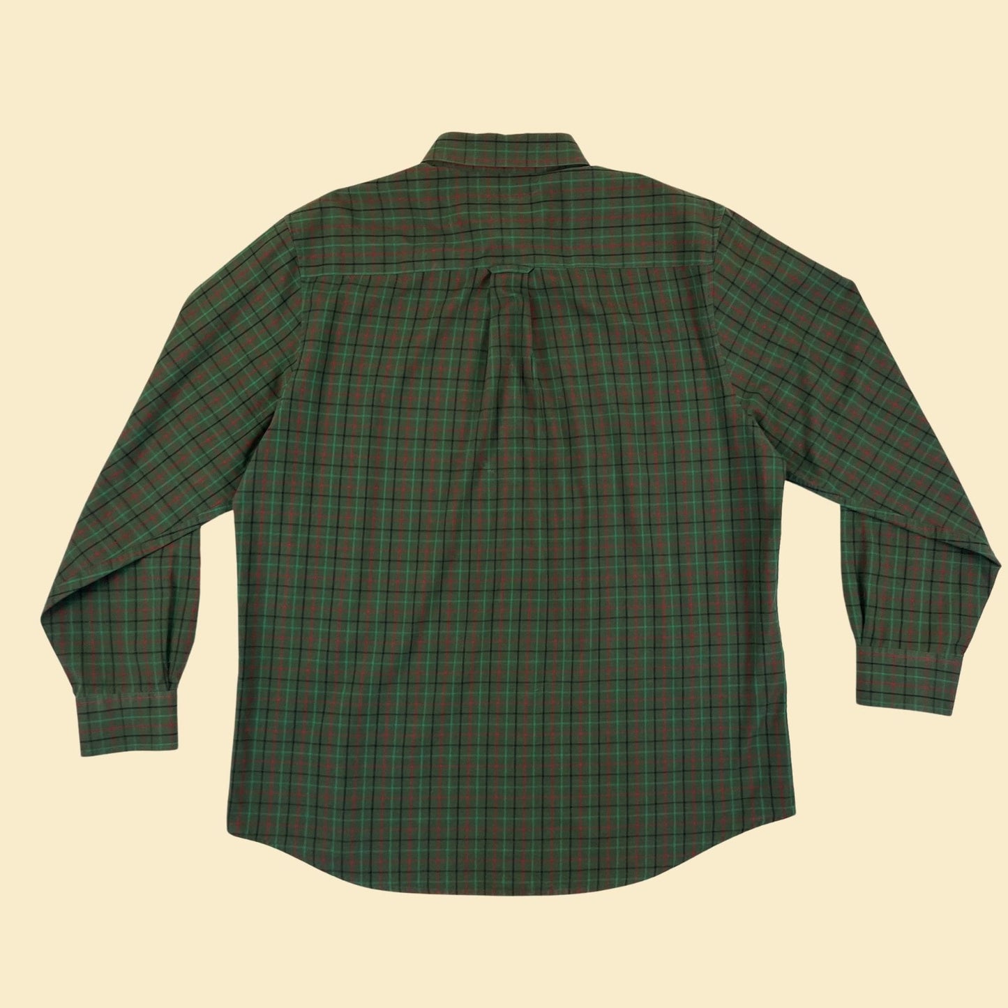 1990s L green men's shirt, vintage 90s Saddlebred green/red/black plaid men's button down long sleeve top