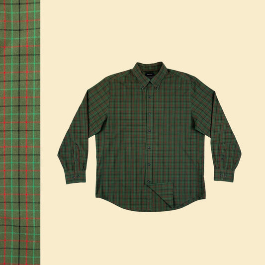 1990s L green men's shirt, vintage 90s Saddlebred green/red/black plaid men's button down long sleeve top