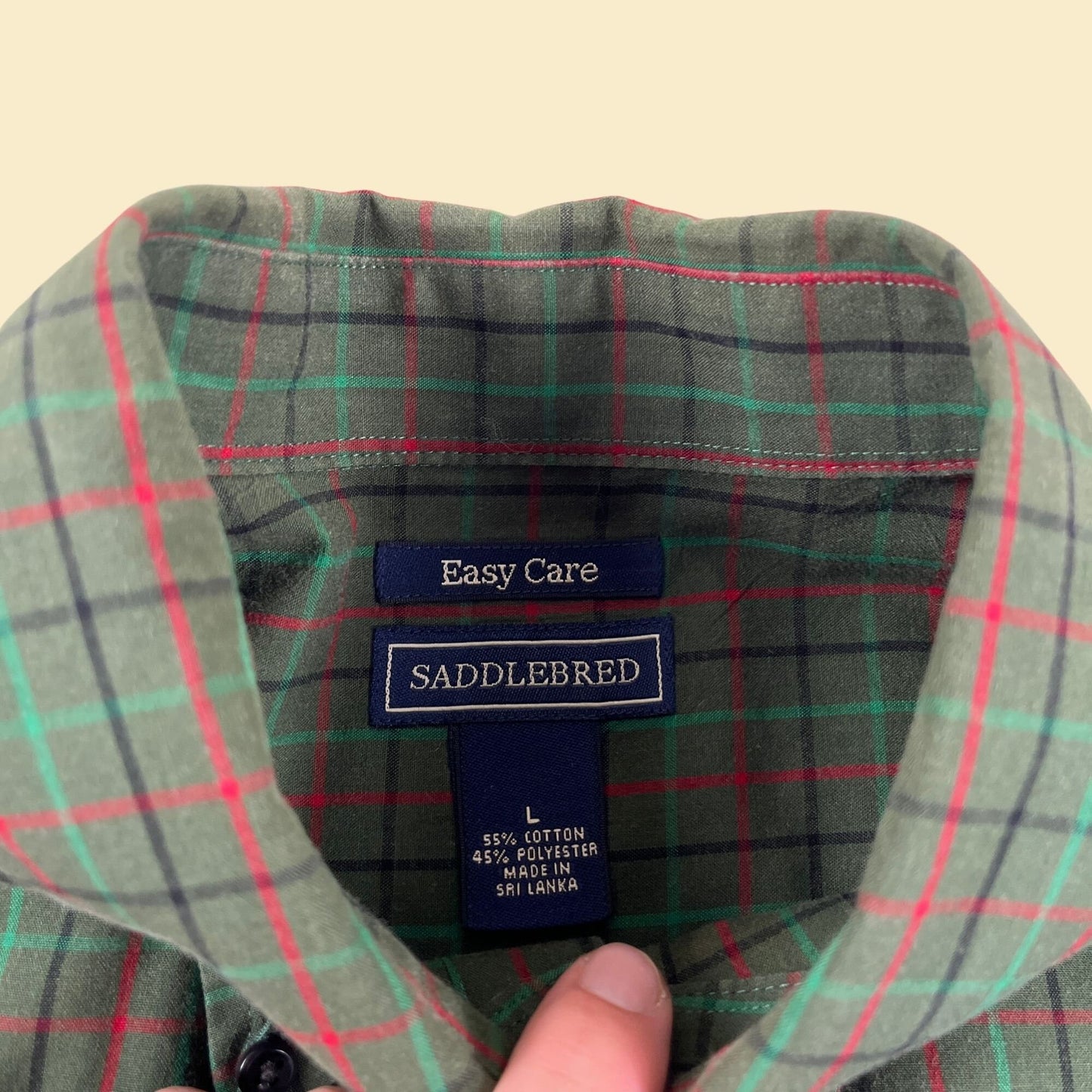 1990s L green men's shirt, vintage 90s Saddlebred green/red/black plaid men's button down long sleeve top