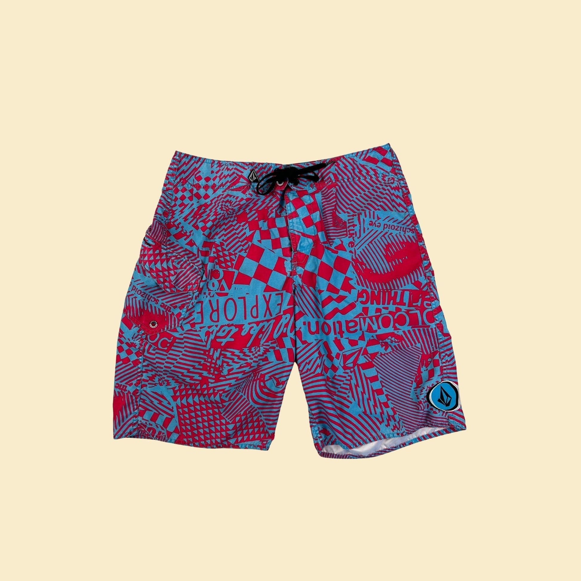 90s/Y2K Volcom board shorts, vintage men's early 2000s neon pink/blue swim shorts