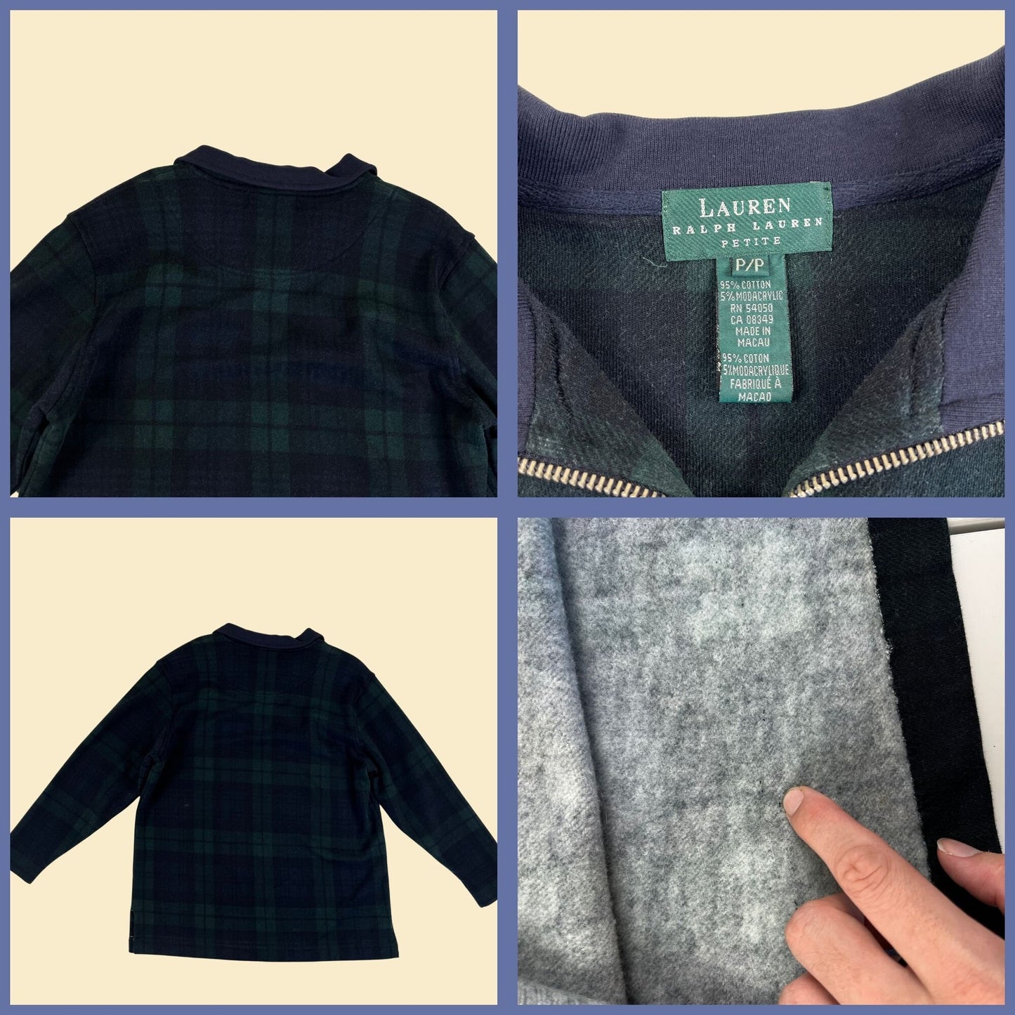 Y2K plaid P/P quarter zip by Lauren Ralph Lauren, vintage 2000s women's petites blue/green quarter zip sweatshirt