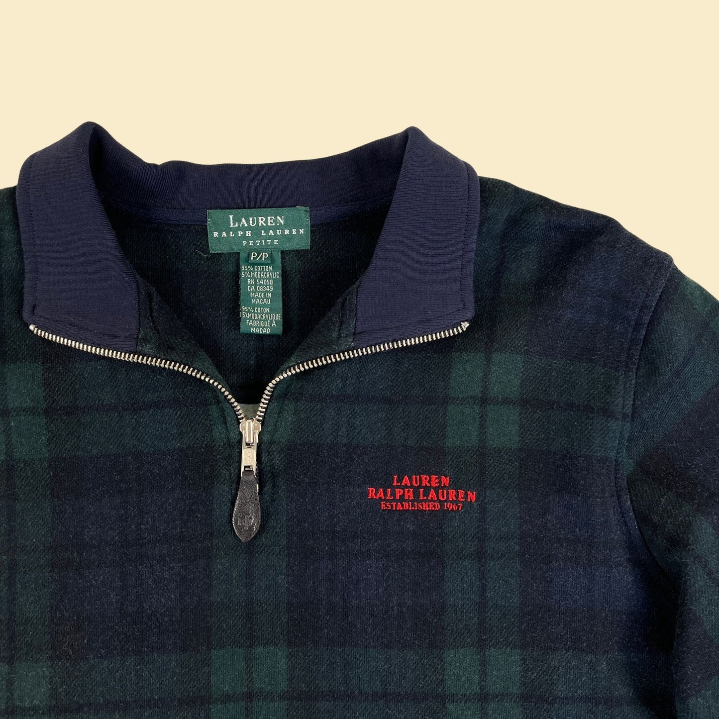 Y2K plaid P/P quarter zip by Lauren Ralph Lauren, vintage 2000s women's petites blue/green quarter zip sweatshirt