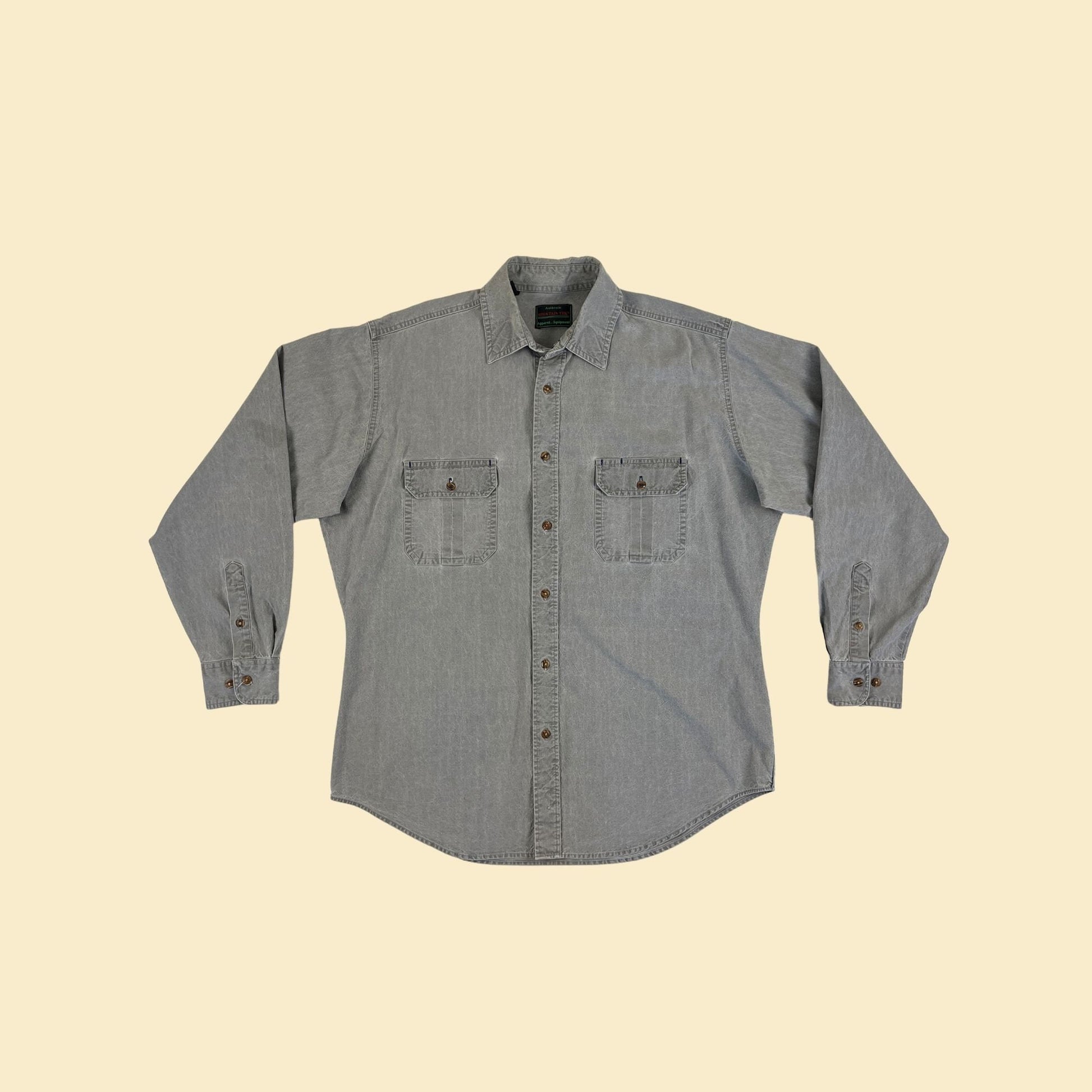 1990s L grey outdoors shirt by Authentic Mountain Tek, vintage 90s cotton grey denim-style button down top