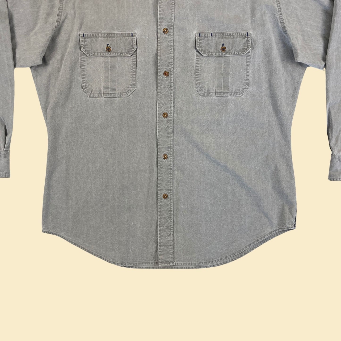 1990s L grey outdoors shirt by Authentic Mountain Tek, vintage 90s cotton grey denim-style button down top