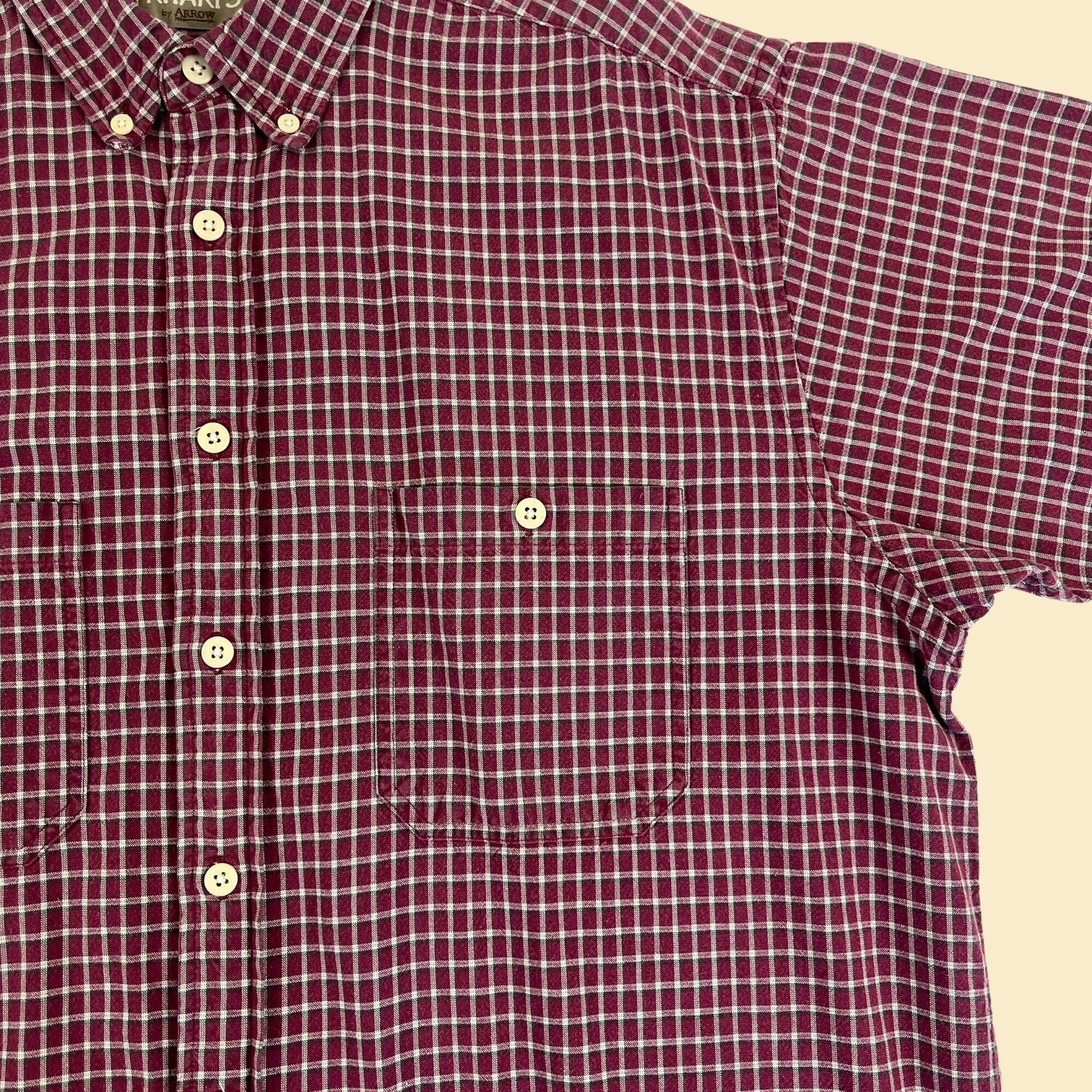 1990s L burgundy shirt, vintage 90s Khaki's by Arrow plaid short sleeve men's button down casual top