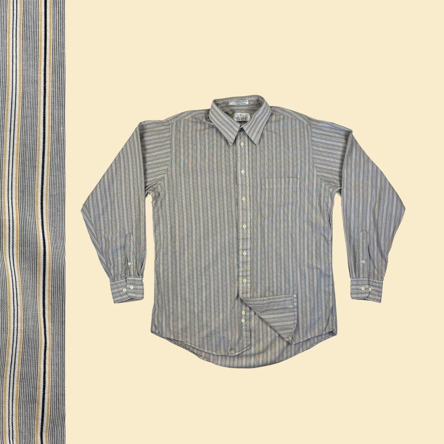 80s men's striped dress shirt by Bill Blass Menswear, size 16 34/35 black, yellow & white men's button down top