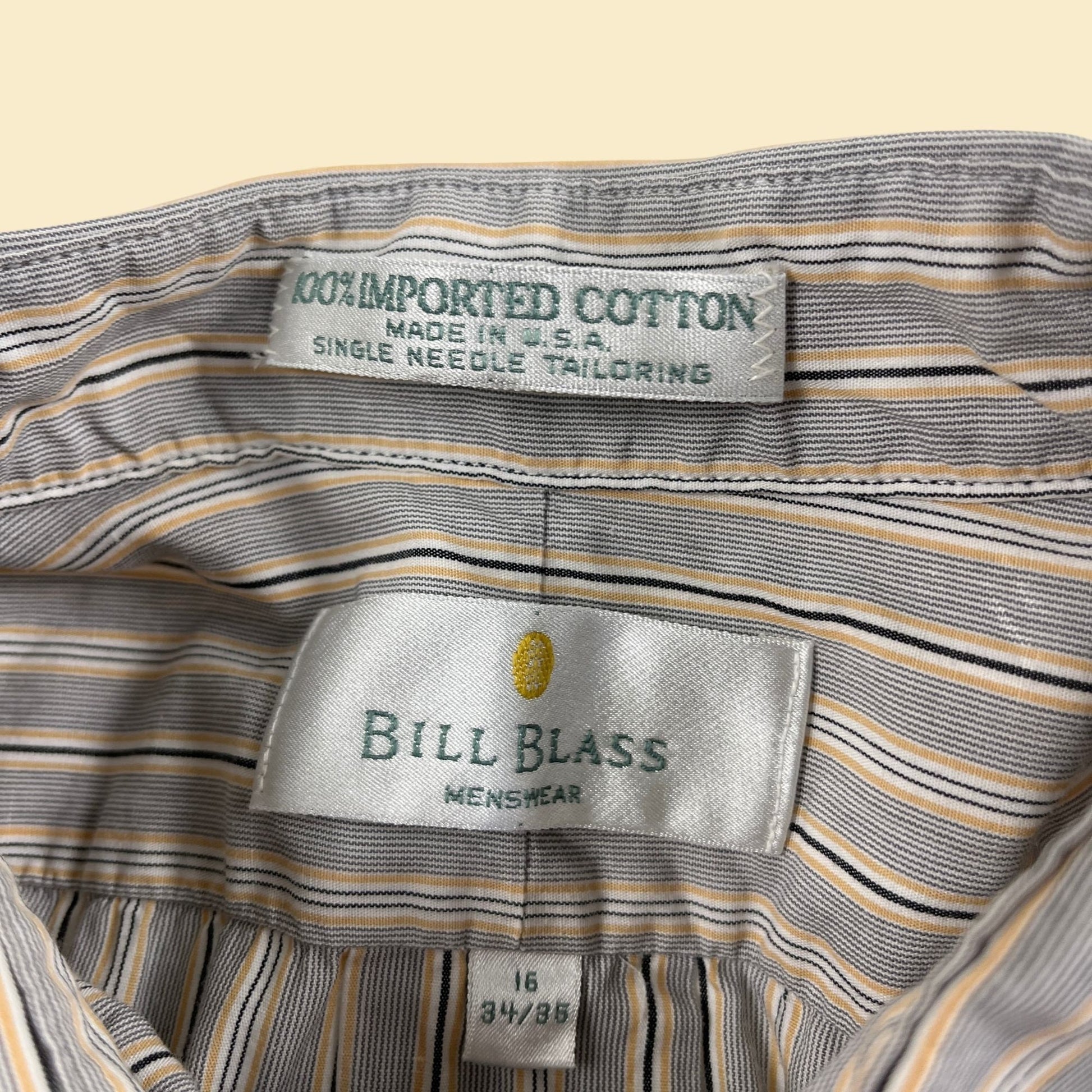 80s men's striped dress shirt by Bill Blass Menswear, size 16 34/35 black, yellow & white men's button down top