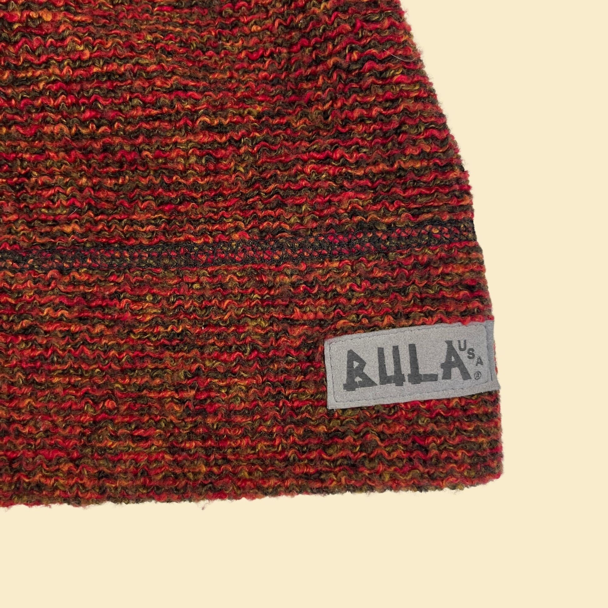 1990s Bula beanie hat, vintage 90s burgundy/black/orange ski beanie