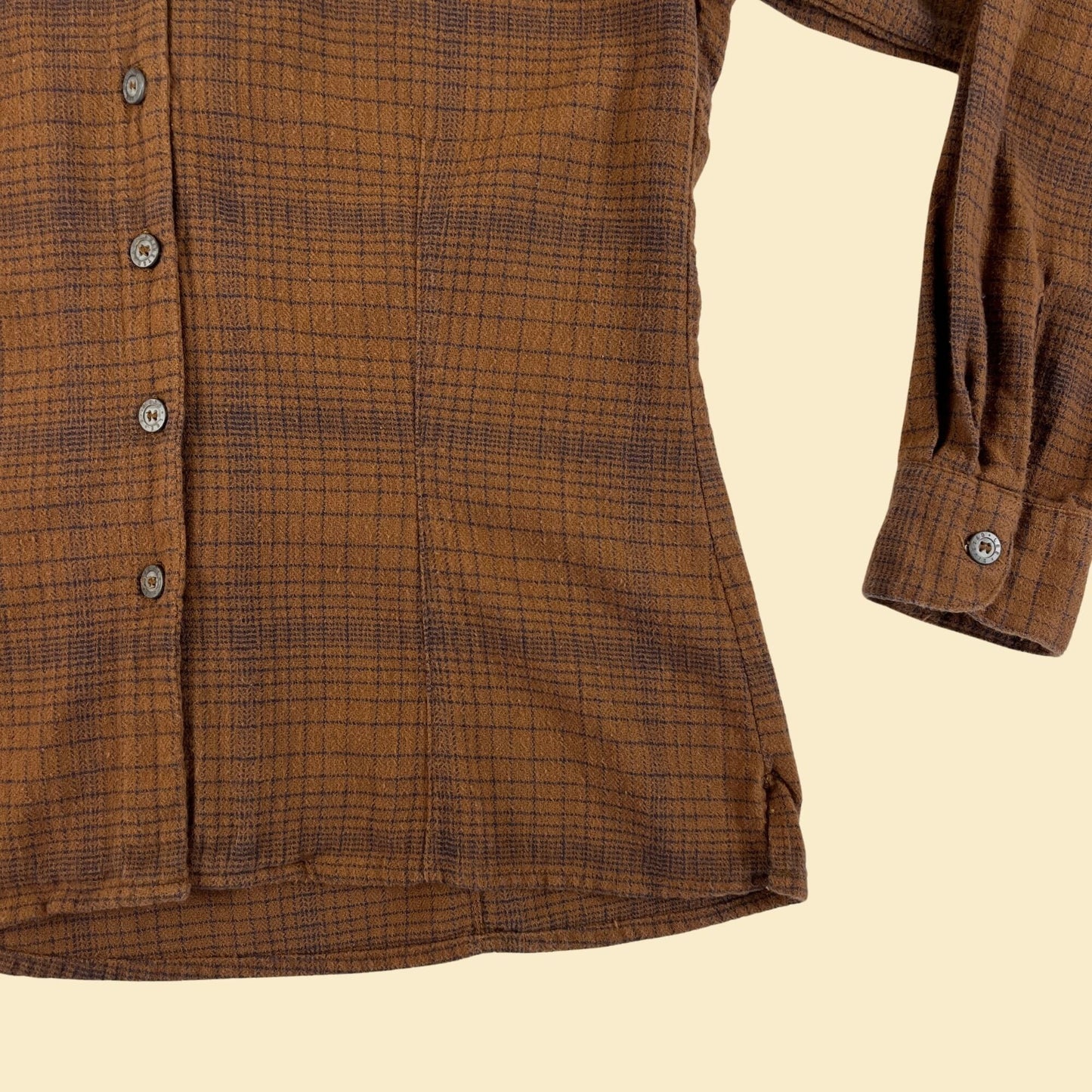 1990s M brown flannel blouse by Mr. Lee, Riveted, vintage 90s cotton brown & blue button down shirt