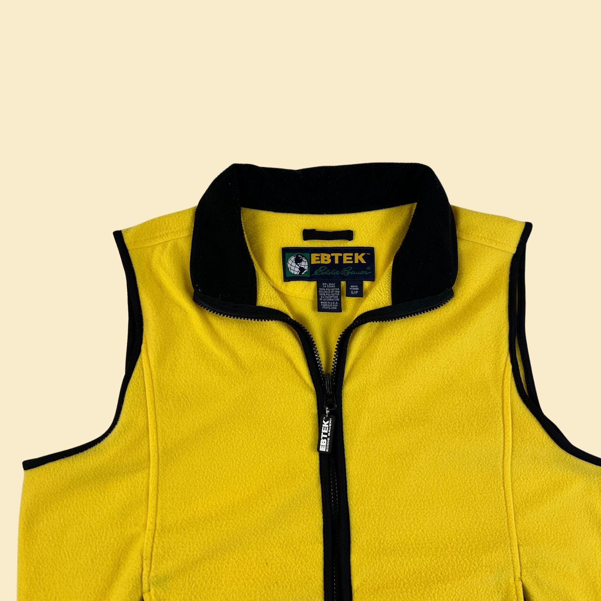 90s S yellow fleece vest by Ebtek Eddie Bauer, vintage 1990s black & yellow zip up men's small fleece