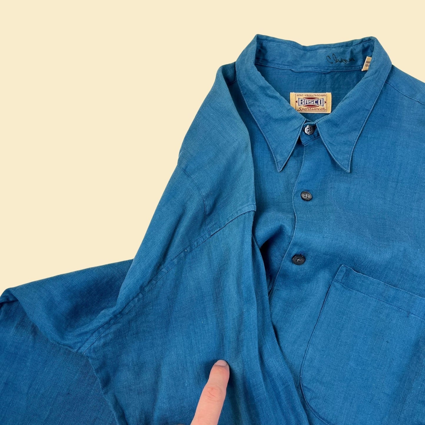 1980s M blue linen shirt by Basco Sportswear, vintage 80s button down long sleeve men's top