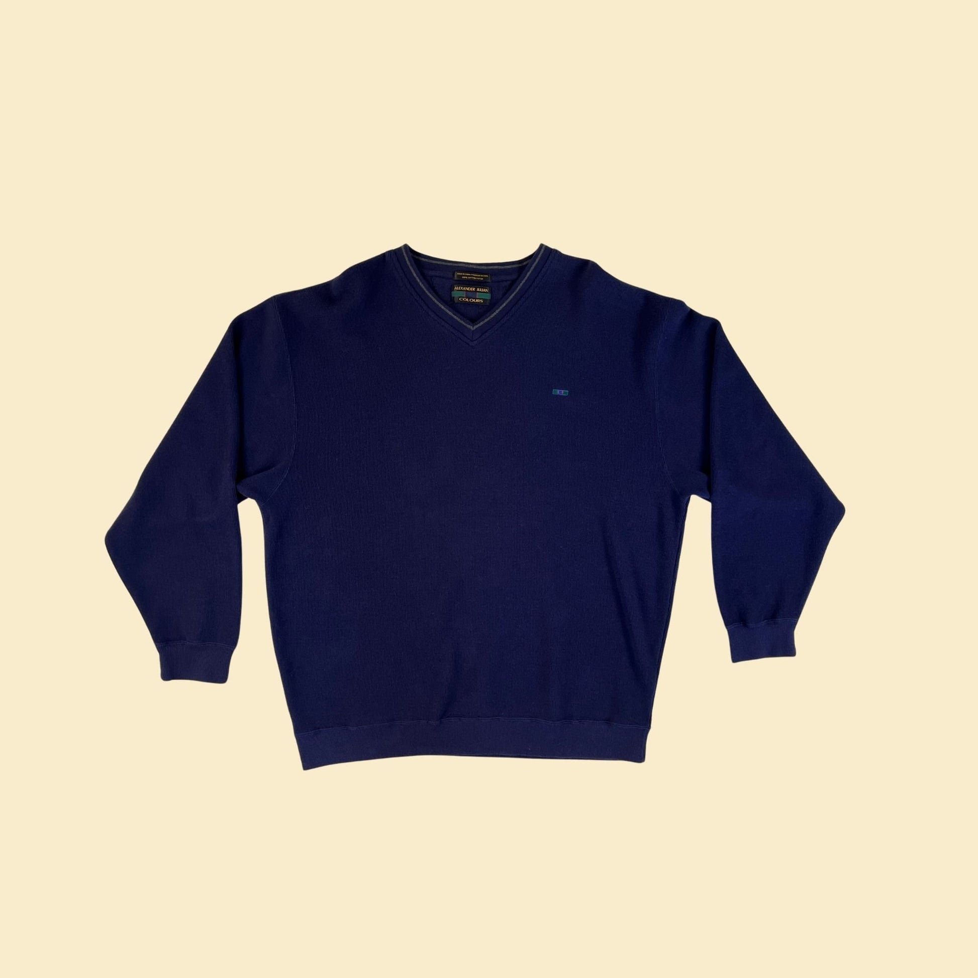 1990s blue v-neck sweatshirt by Alexander Julian Colours, vintage 90s men's pullover cotton sweatshirt