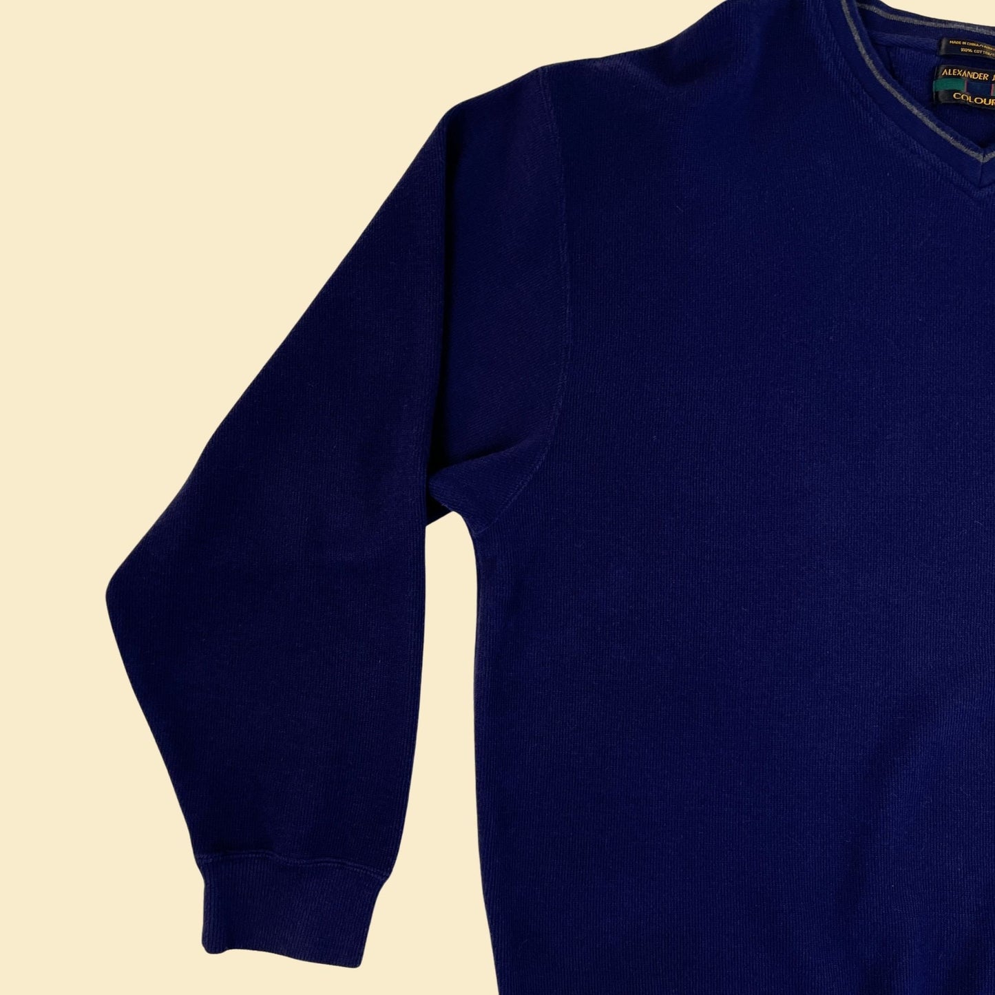 1990s blue v-neck sweatshirt by Alexander Julian Colours, vintage 90s men's pullover cotton sweatshirt