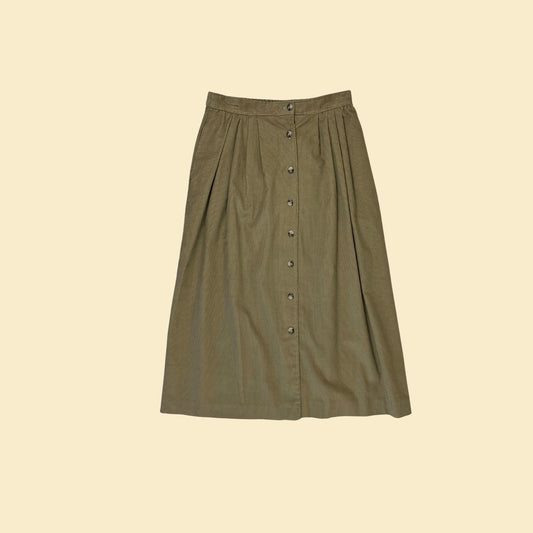 1980s size 12 corduroy skirt by L.L. Emery, vintage 80s beige/brown ankle-length pleated skirt