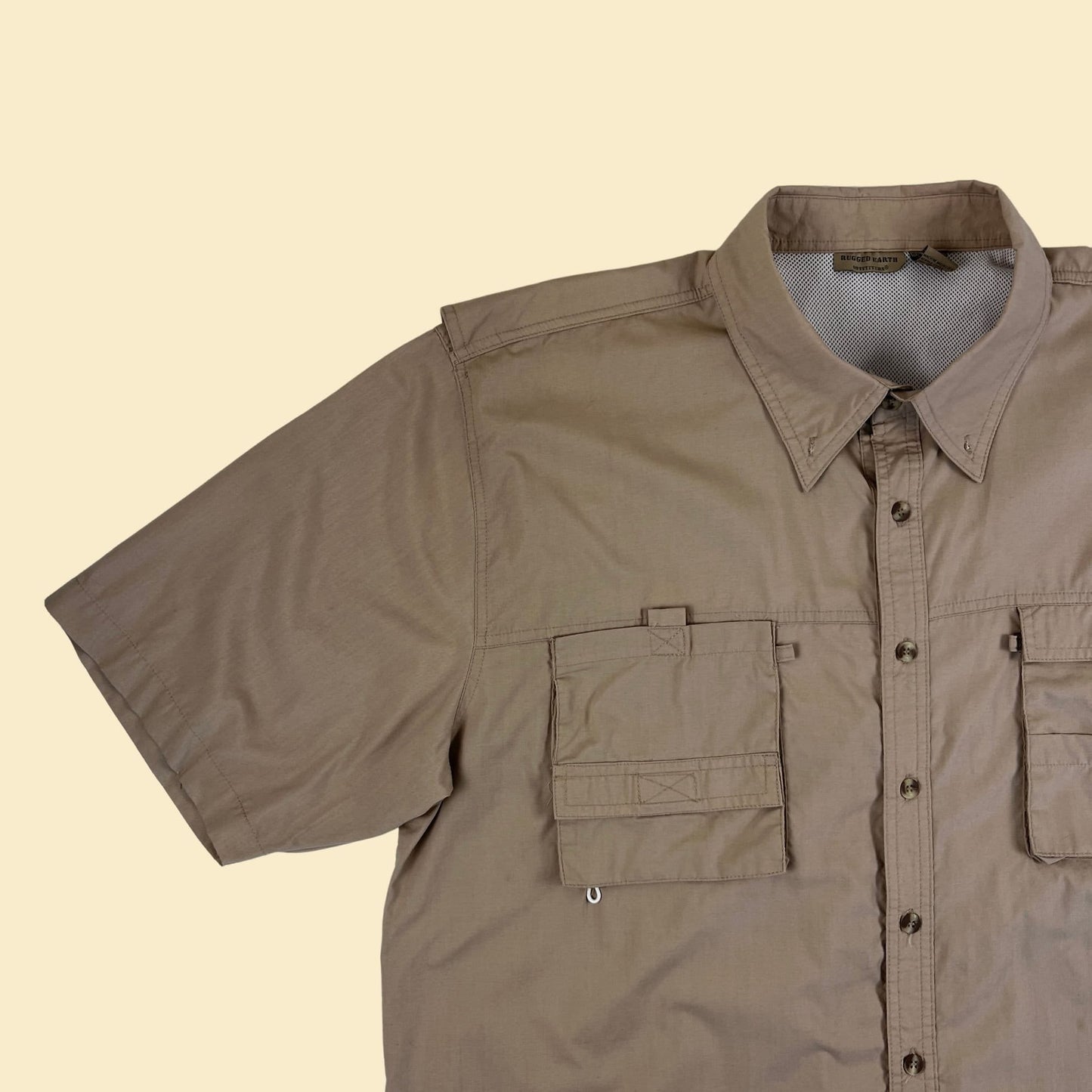 90s XXL outdoors shirt by Rugged Earth, vintage 1990s beige/tan short sleeve button down men's shirt