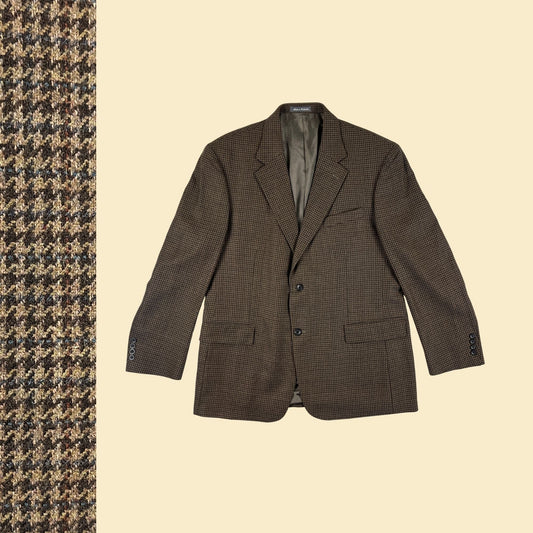 90s Oscar de la Renta wool sport coat, size 44R vintage 1990s brown/grey houndstooth mens jacket