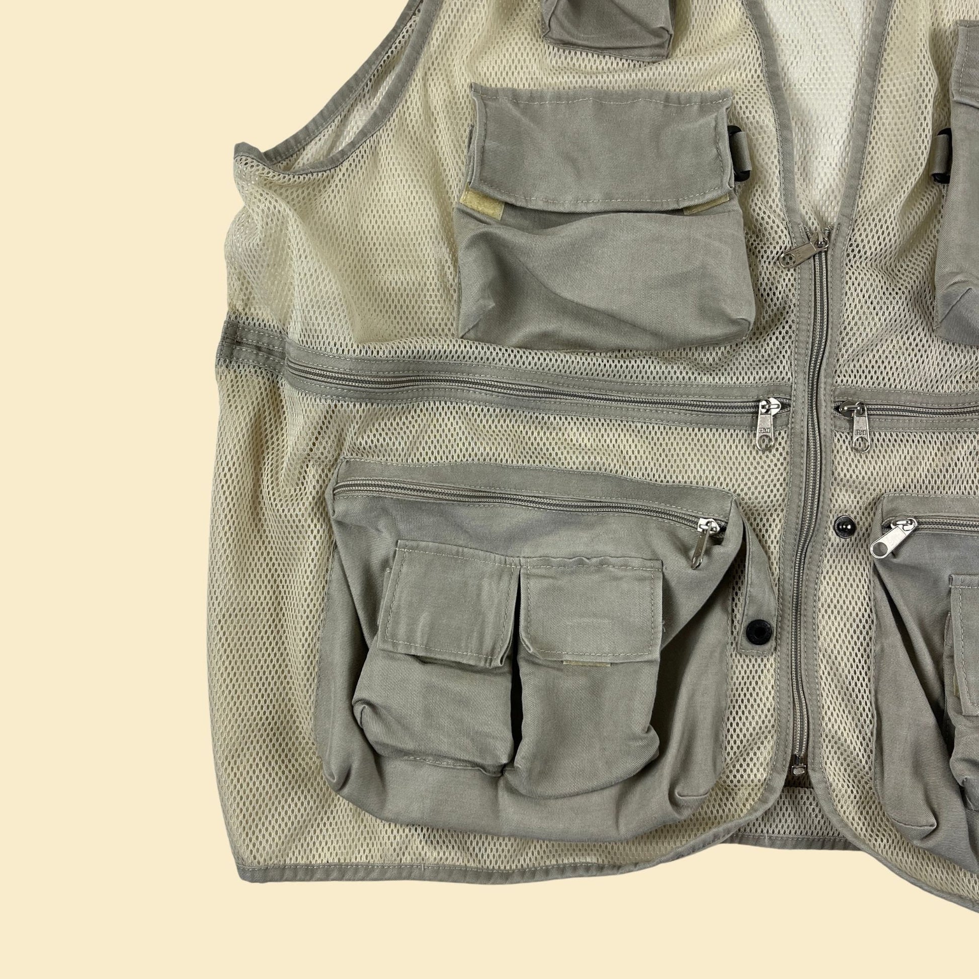 1980s mesh outdoors vest, vintage zip up beige 80s vest w/ pockets