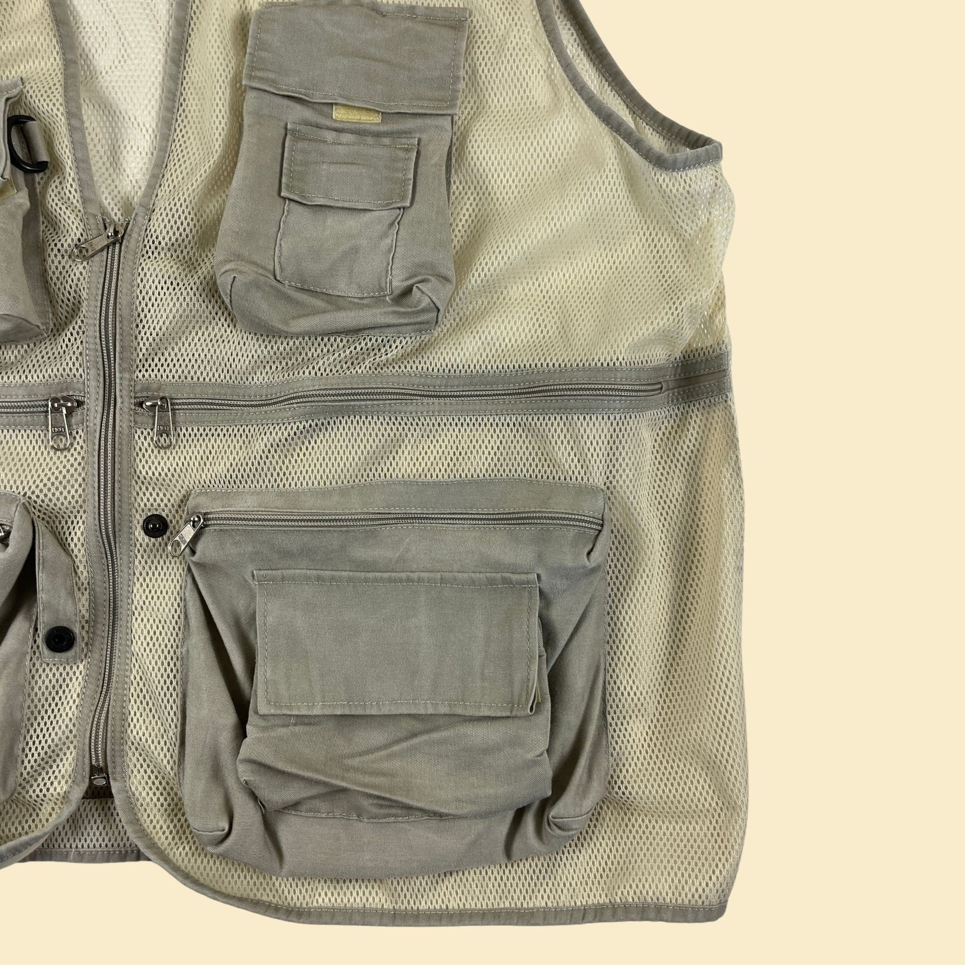 1980s mesh outdoors vest, vintage zip up beige 80s vest w/ pockets