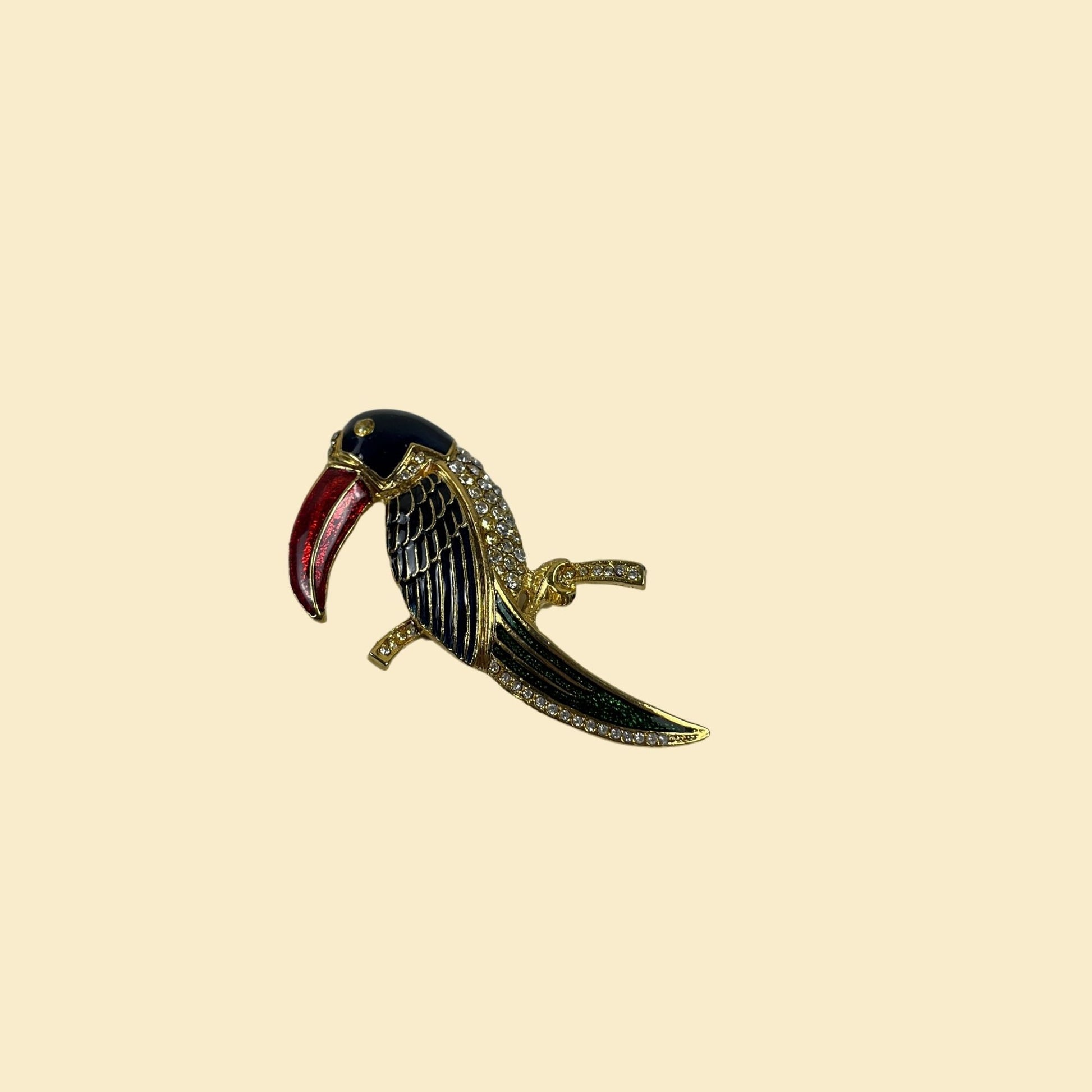 1980s toucan brooch, vintage 80s bird shaped gold-toned/red/green rhinestone pin