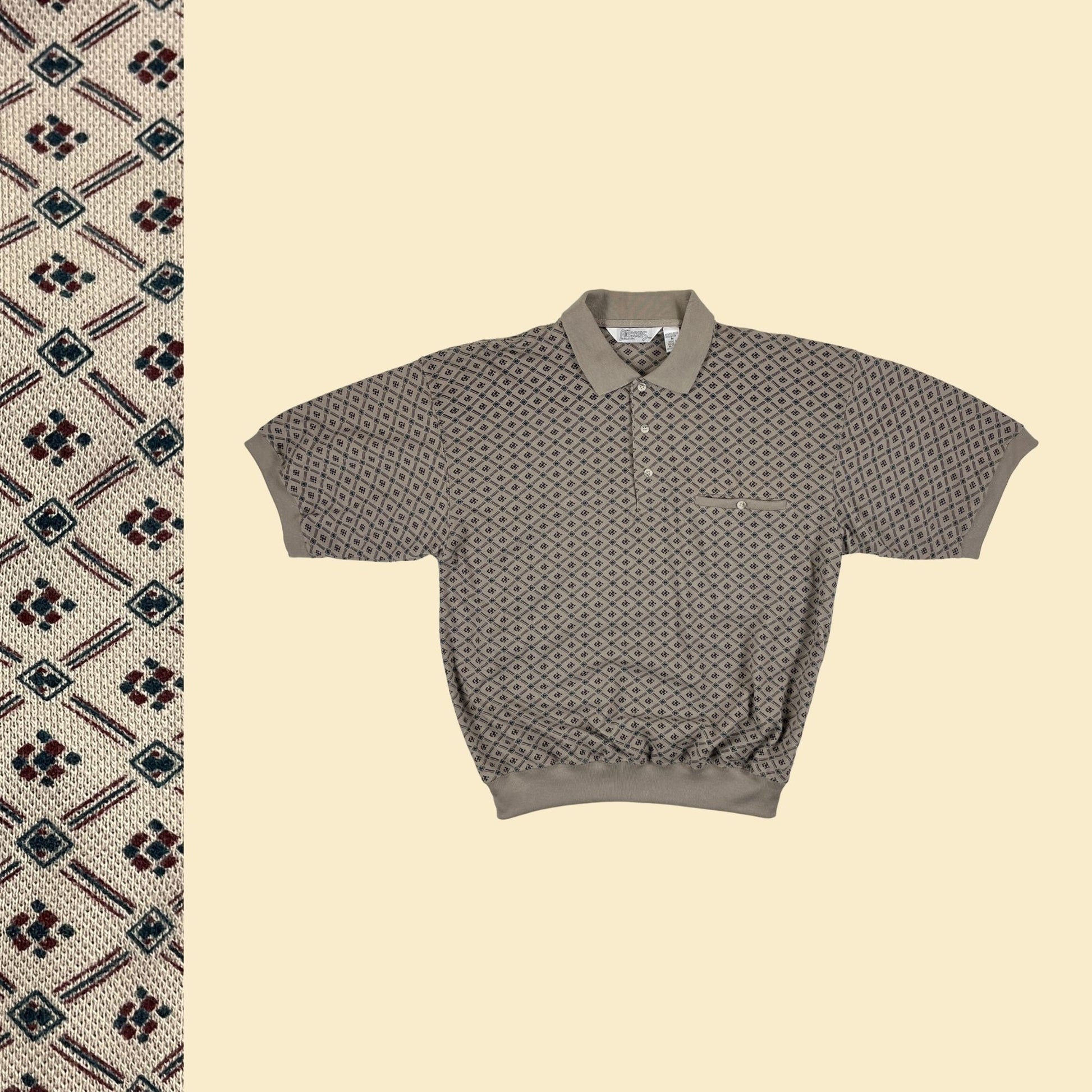 90s M men's polo shirt, NOS vintage 1990s beige/green/burgundy geometric short sleeve top