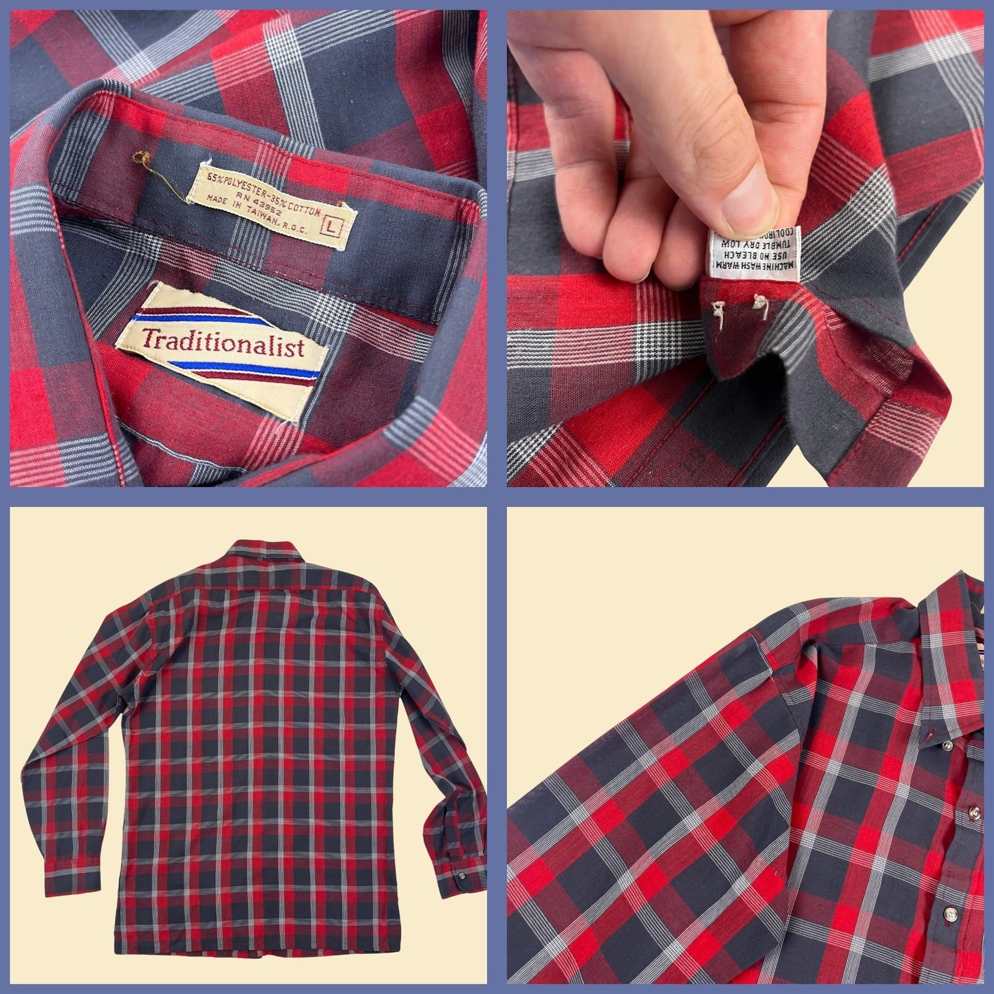 70s/80s L red plaid shirt by Traditionalist, vintage 1970s men's button down red/grey/white shirt