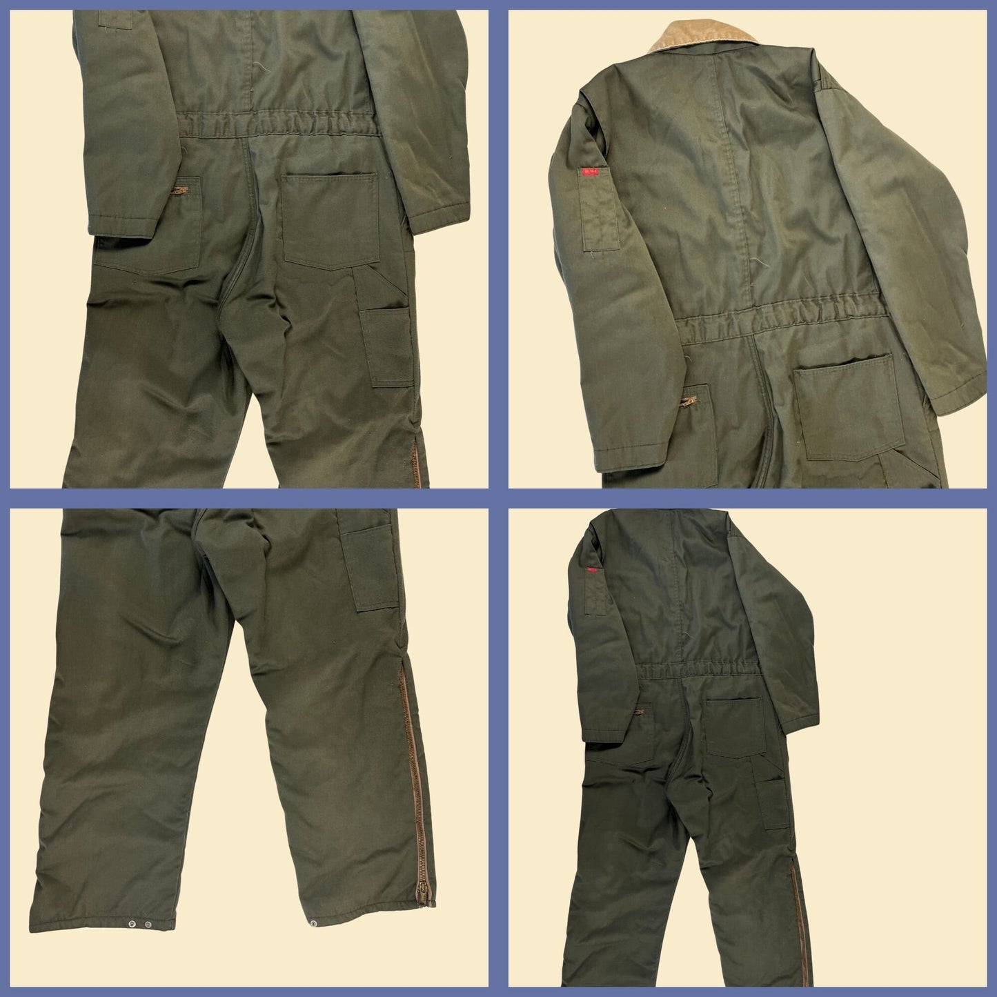 1980s Big Smith coveralls, size 44 vintage 80s olive green & beige zip up USA made men's coverall w/ corduroy trim