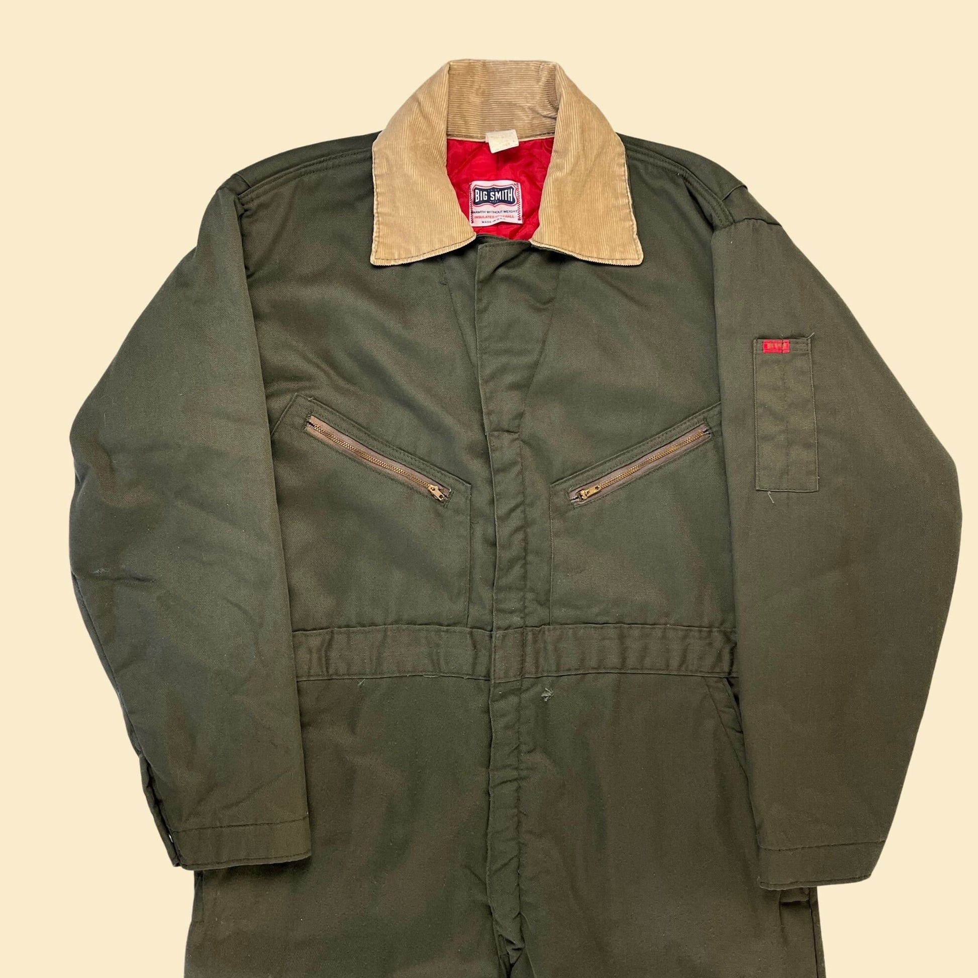 1980s Big Smith coveralls, size 44 vintage 80s olive green & beige zip up USA made men's coverall w/ corduroy trim