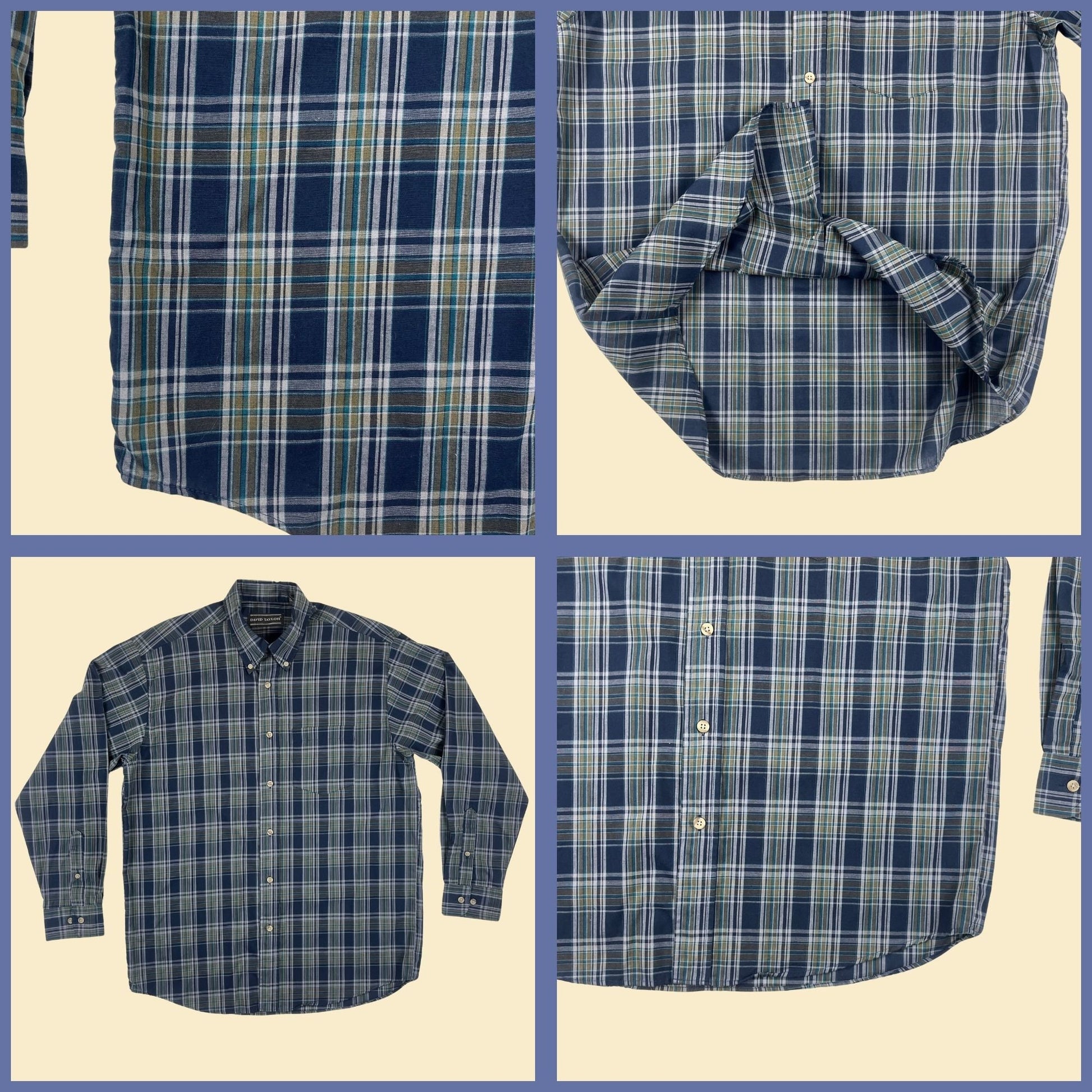 90s M blue plaid shirt by David Taylor, vintage men's long sleeve lightweight button down top