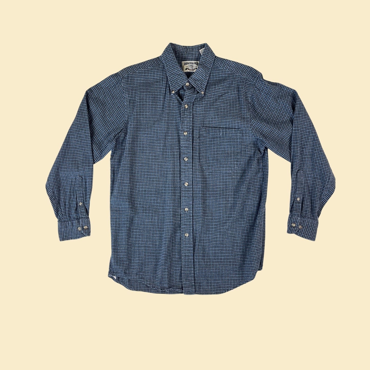 90s/Y2K men's blue flannel shirt, size M vintage 1990s blue and grey long sleeve button down