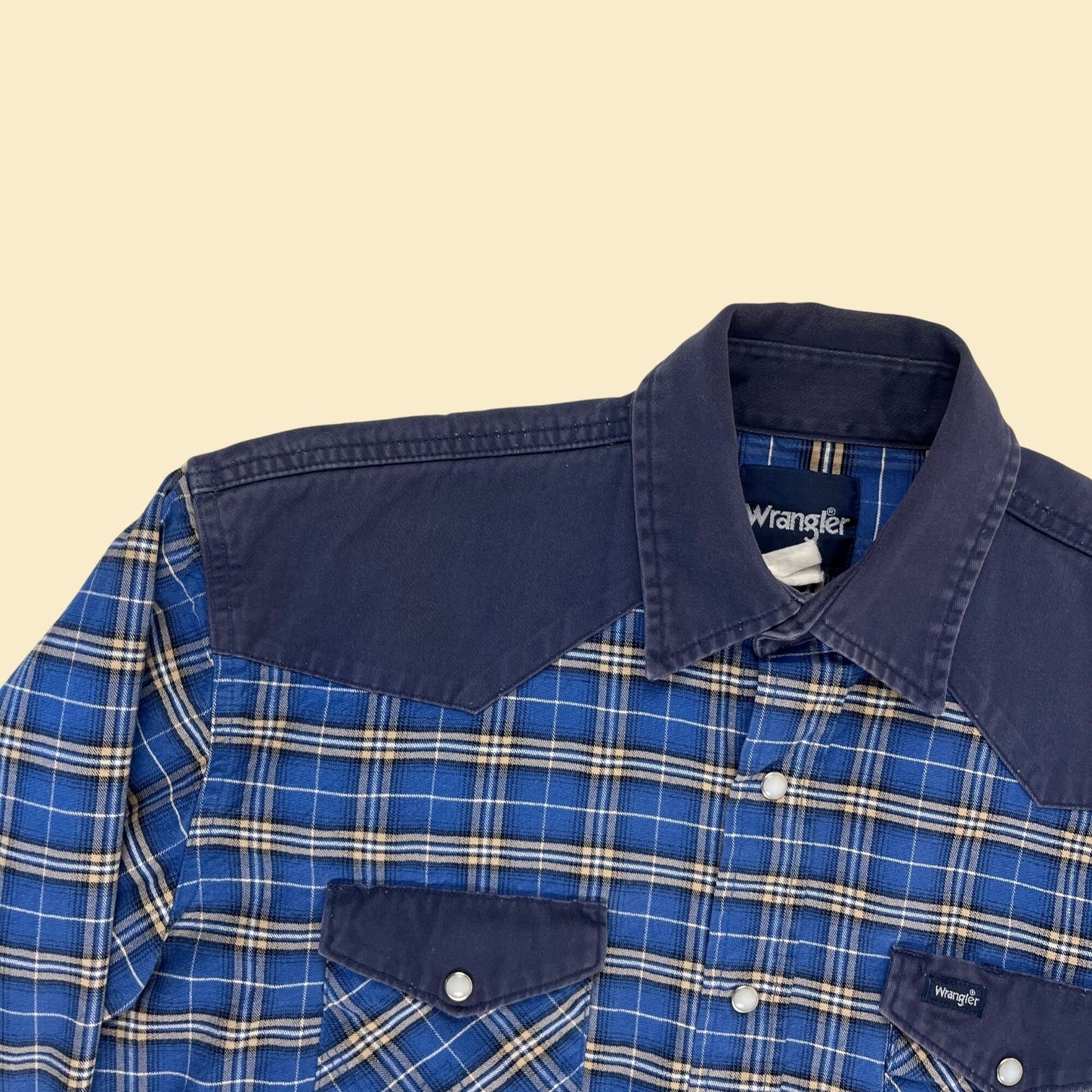 90s Wrangler L men's western shirt, vintage 1990s blue plaid dual-tone cowboy shirt w/ snap clasps