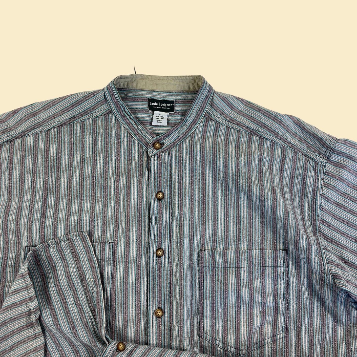 90s XL men's collarless button down shirt, vintage 1990s purple/blue/white striped top by Basic Equipment Clothing Co.