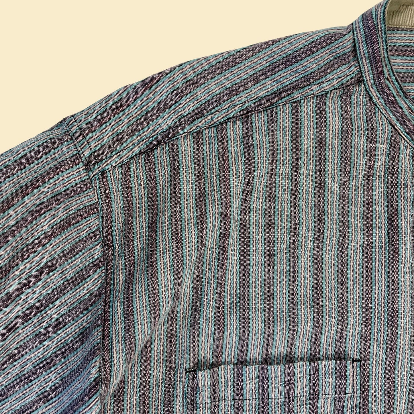 90s XL men's collarless button down shirt, vintage 1990s purple/blue/white striped top by Basic Equipment Clothing Co.