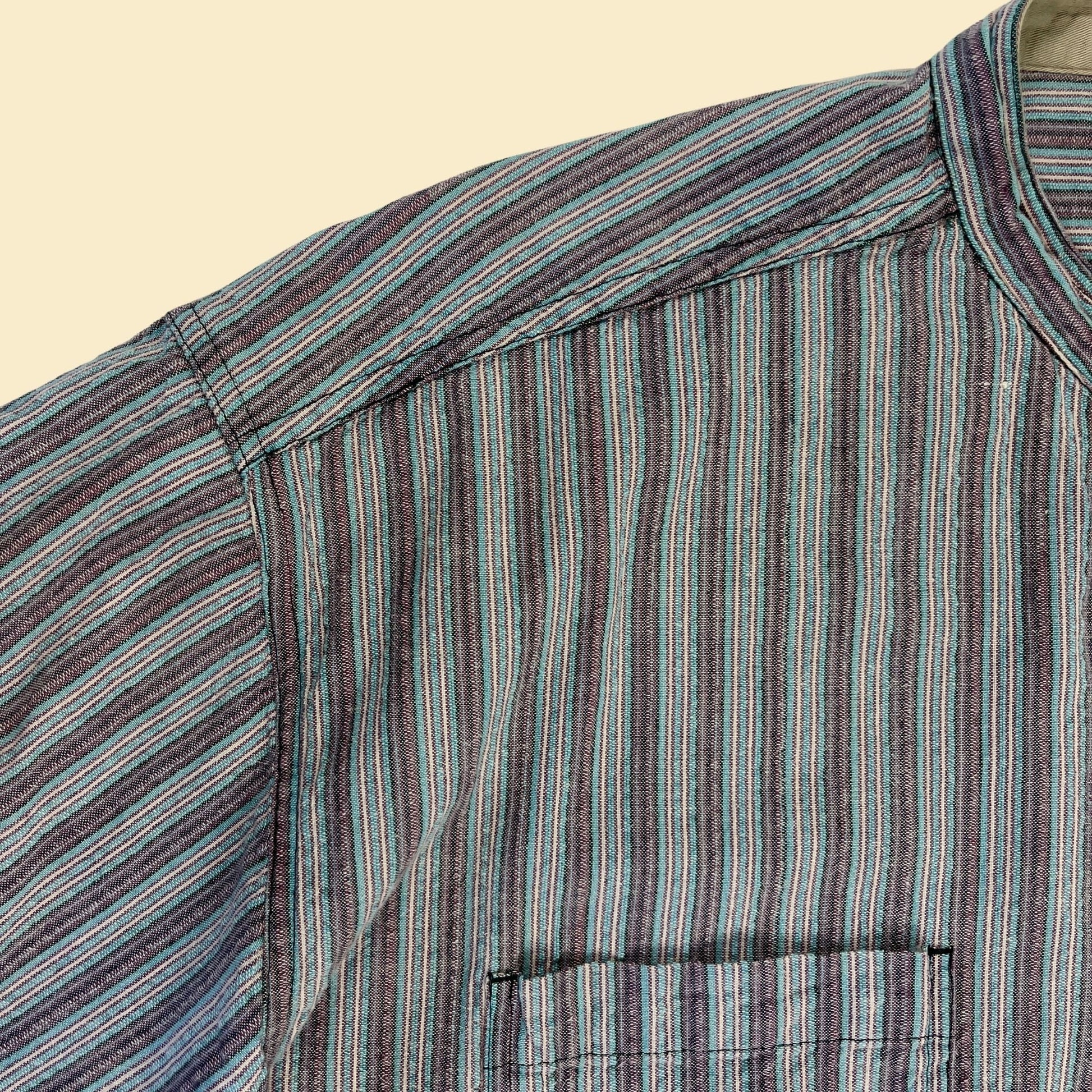 90s XL men's collarless button down shirt, vintage 1990s purple/blue/white striped top by Basic Equipment Clothing Co.