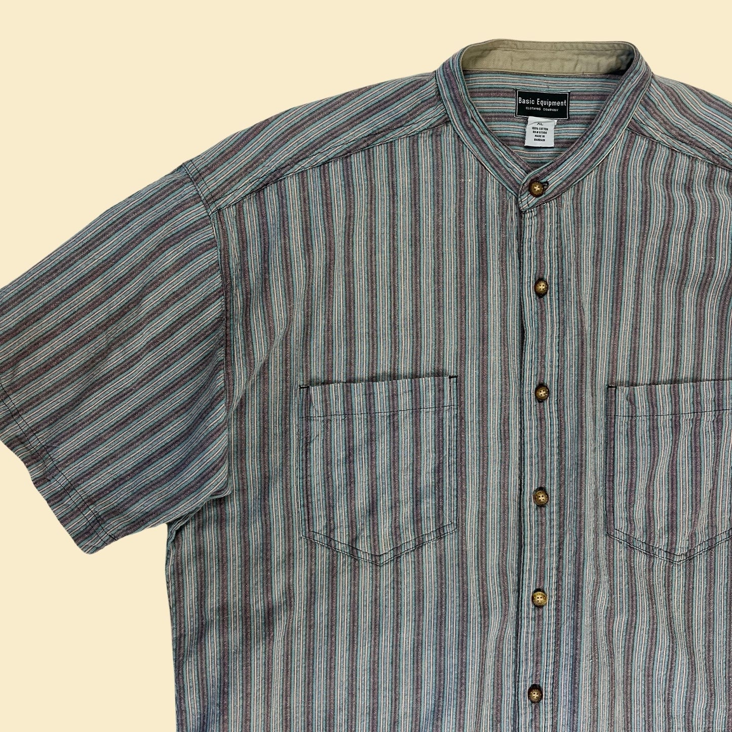 90s XL men's collarless button down shirt, vintage 1990s purple/blue/white striped top by Basic Equipment Clothing Co.