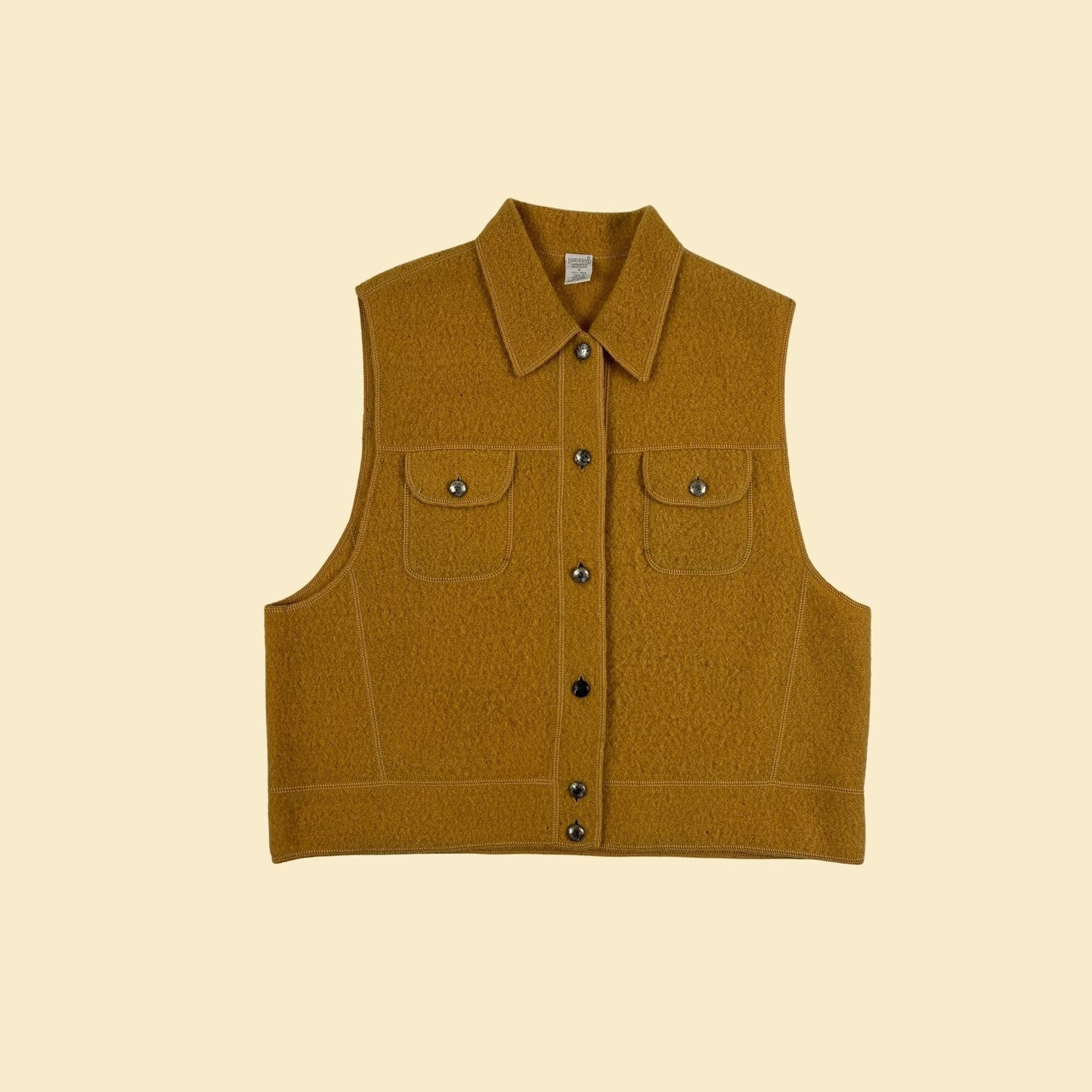 1990s Lands' End yellow wool sweater vest, size 16 vintage 90s button down vest