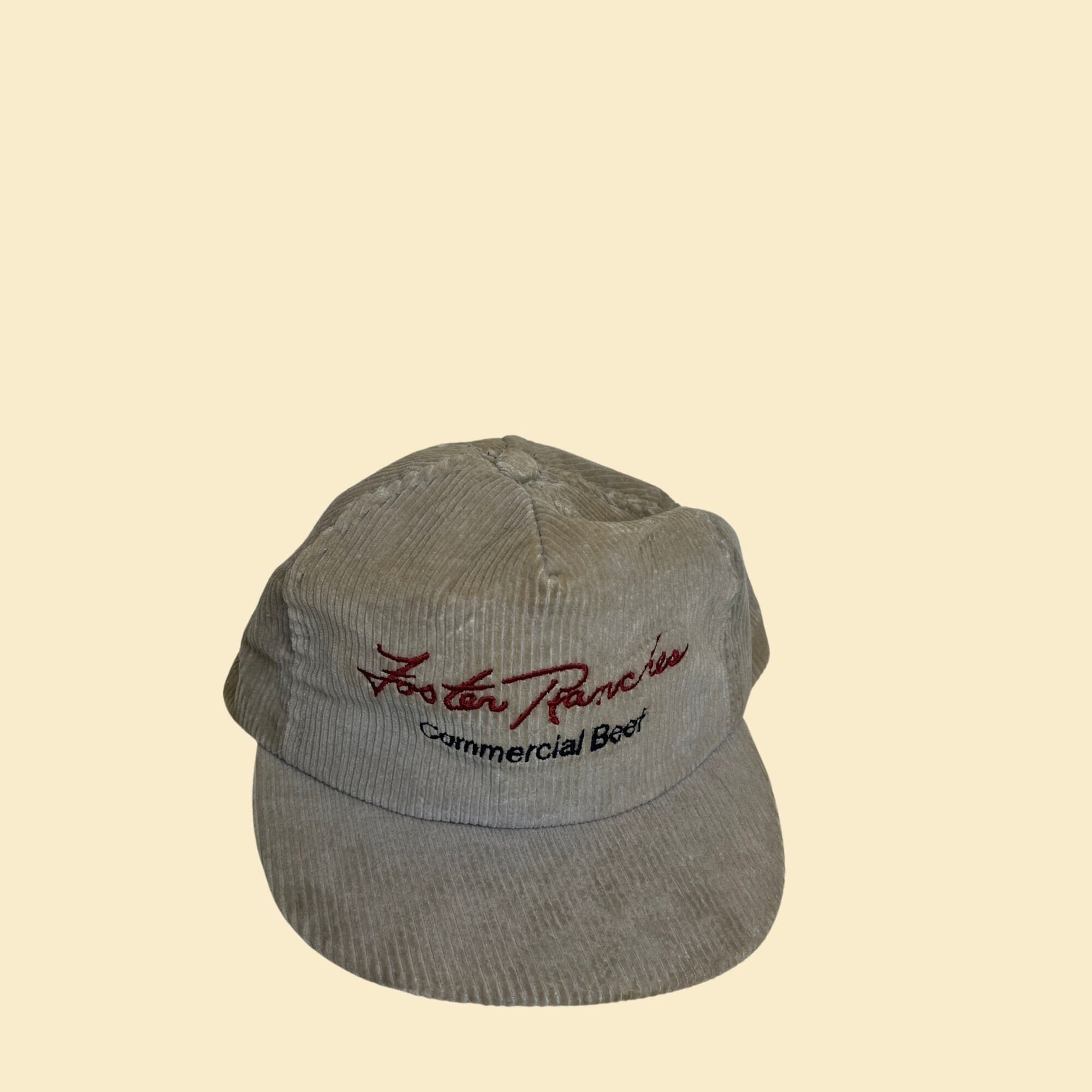 1980s corduroy snapback hat, vintage 80s beige Foster Ranches Commercial Beef trucker cap