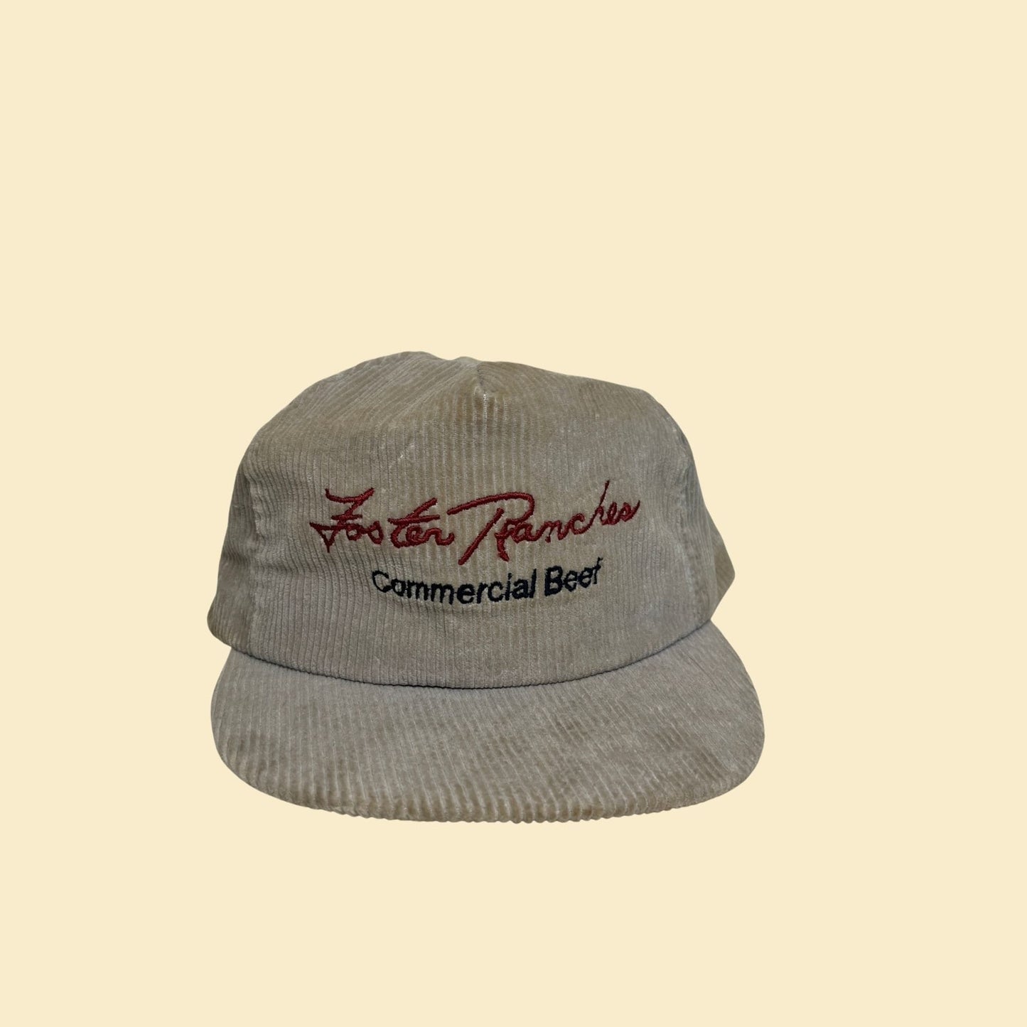 1980s corduroy snapback hat, vintage 80s beige Foster Ranches Commercial Beef trucker cap