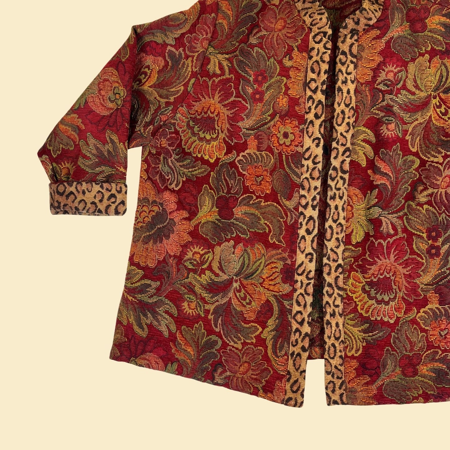 90s tapestry jacket with floral & cheetah print, size XL+ women's vintage 1990s open faced coat