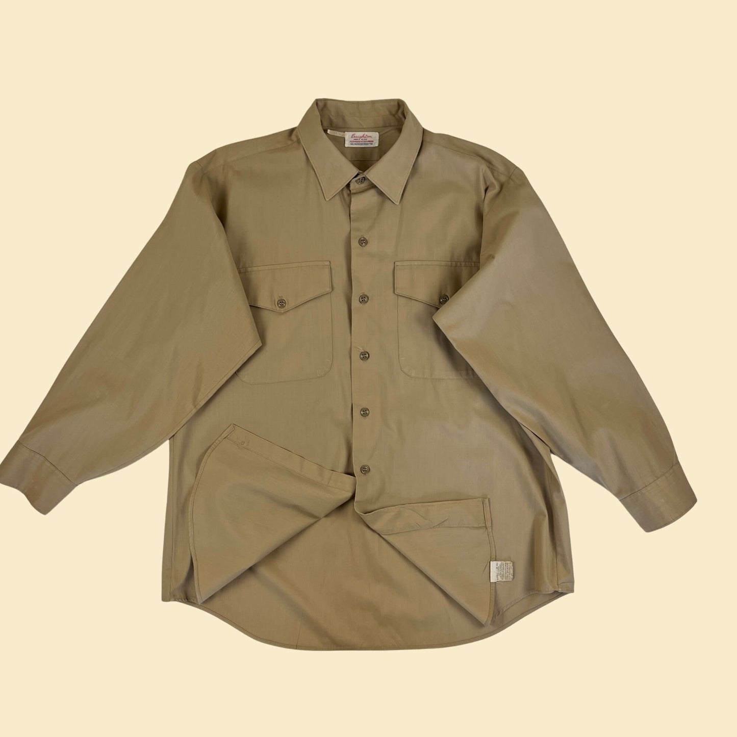 1960s tan workwear shirt by Creighton, size M to L vintage 60s/70s tan/beige lightweight