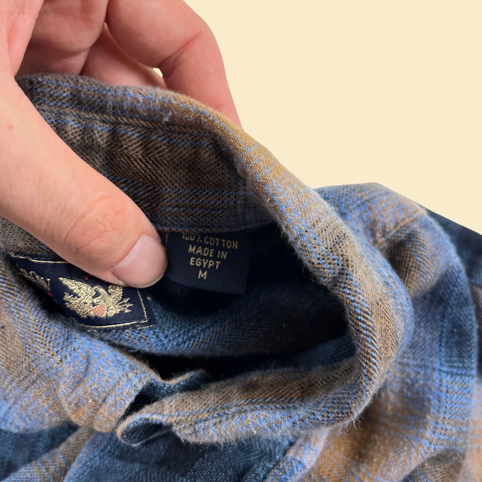 90s M blue flannel shirt, vintage 1990s blue & brown plaid long sleeve cotton button down