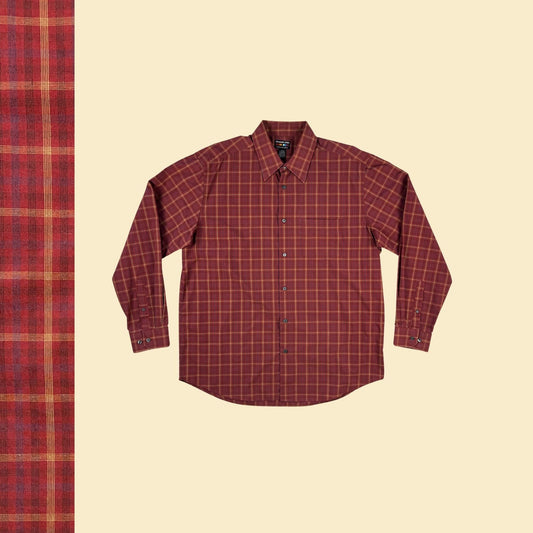 90s/Y2K XL men's button down, vintage plaid men's burgundy/purple/green long sleeve shirt