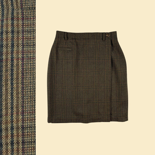 80s/90s British Khaki green plaid skirt, size 8 vintage 1990s green/brown wool midi skirt