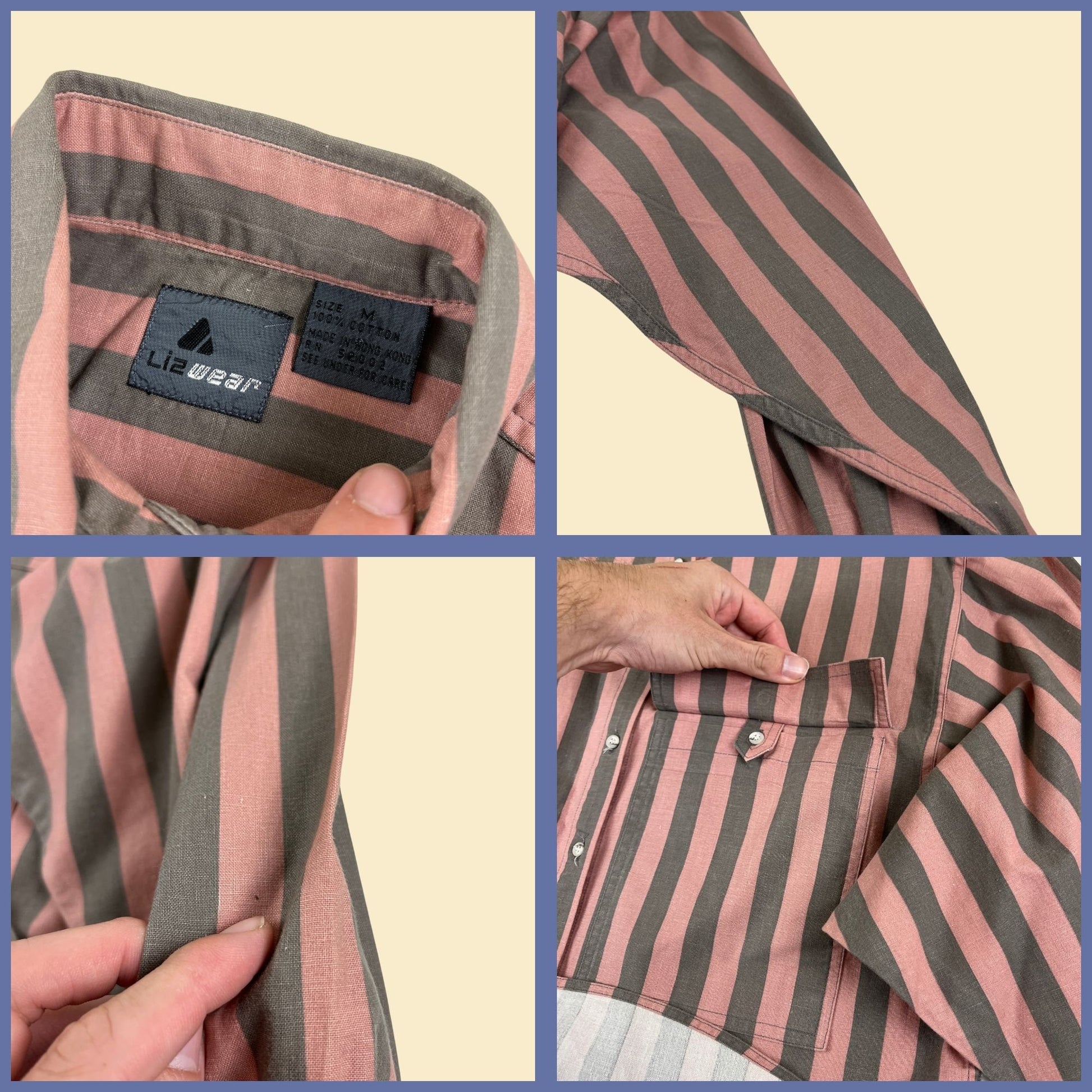 1980s Lizwear striped blouse, size M vintage 80s pink/grey button down long sleeve women's shirt