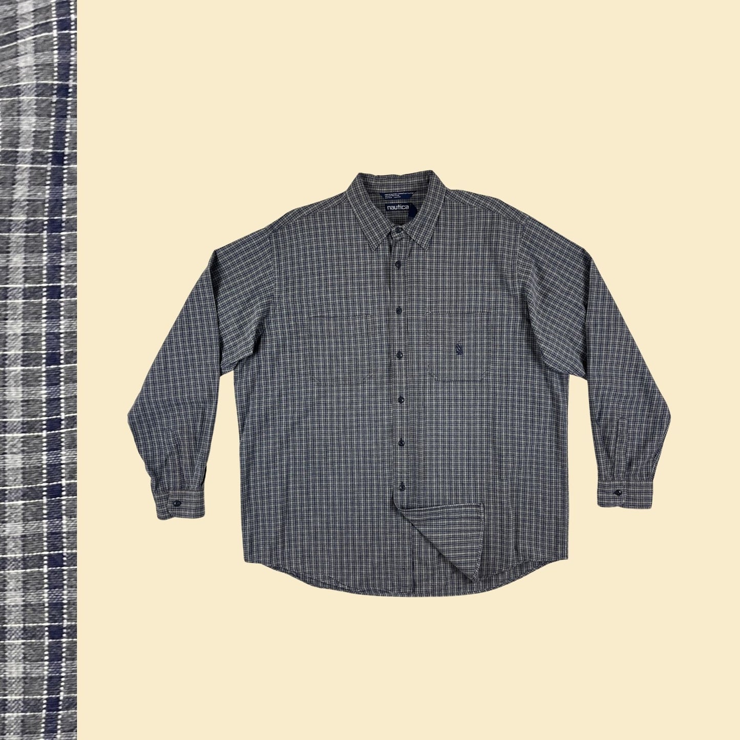 90s XXL Nautica shirt, vintage grey & blue 1990s men's plaid cotton long sleeve button down top