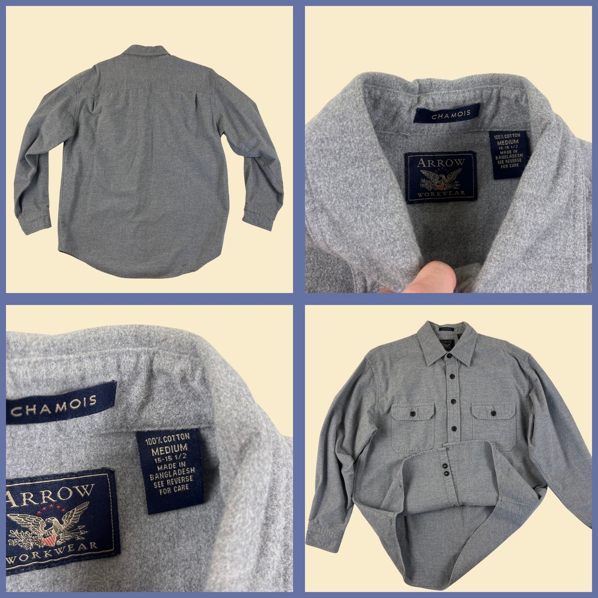 90s M Arrow Workwear grey button down shirt, vintage 1990s chamois men's top