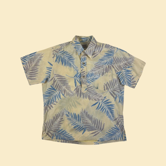 1970s L men's tropical shirt by HRH His Royal Highness Hawaii, vintage 70s yellow & blue palm patterned short sleeve top